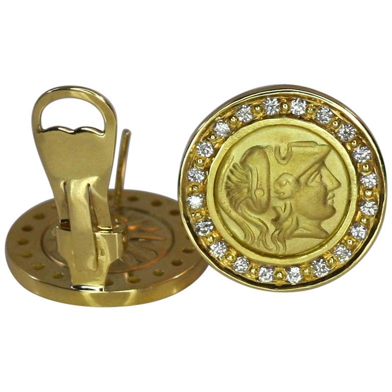 Georgios Kollektionen 18 Karat Gold Clip-Ohrringe mit Athina- Münze und Diamanten im Angebot