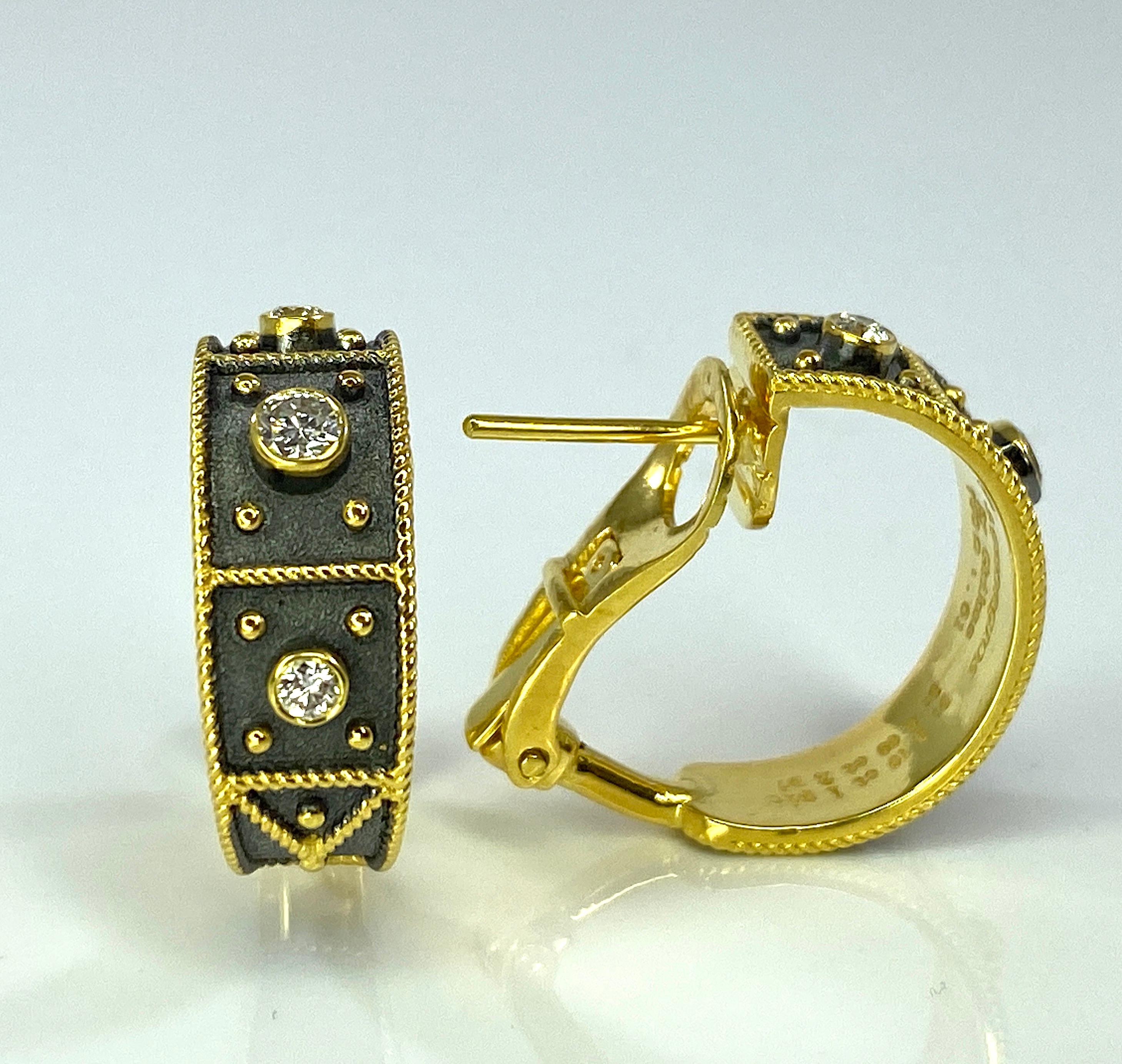 S.Georgios designer earrings are custom crafted from 18 Karat yellow gold and decorated under the microscope in Byzantine style with granulation work and velvet background. Earrings feature 0.36 Carats of brilliant cut white diamonds. These gorgeous