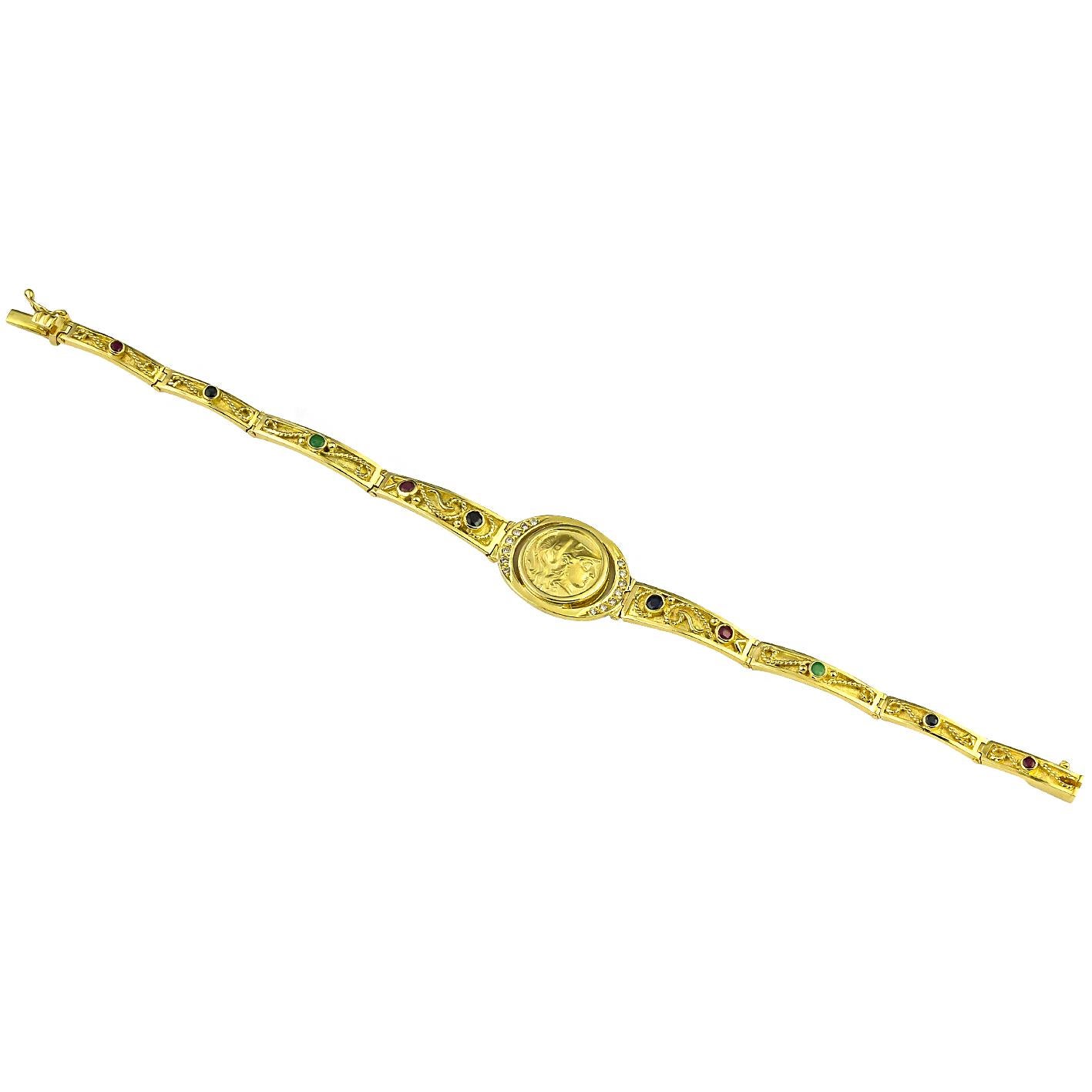 This S.Georgios Athena Coin Diamond Bracelet is handmade from solid 18 Karat Yellow Gold and is microscopically decorated with granulation - yellow gold beads and wires. Granulated details contrast with a Byzantine velvet background. This unique