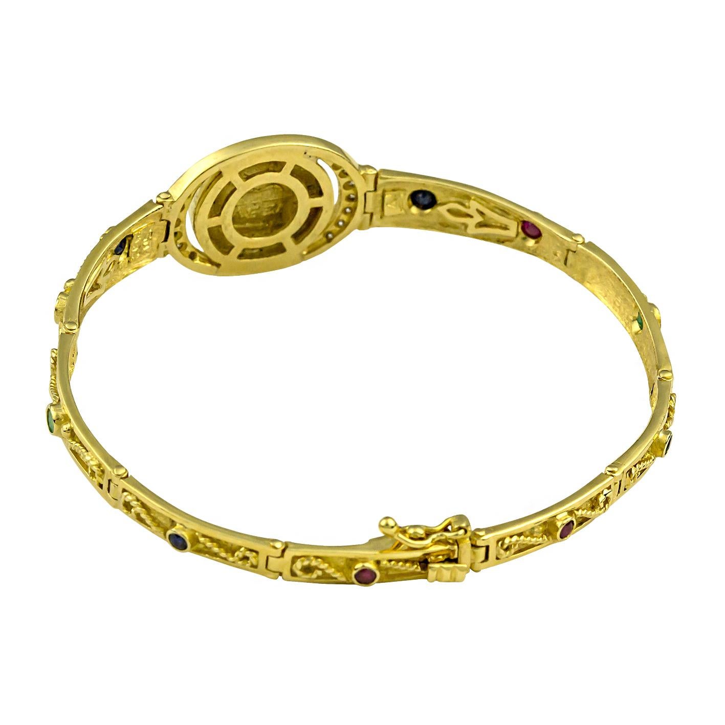 Round Cut Georgios Collections 18 Karat Gold Coin Diamond Bracelet with Rubies Sapphires For Sale