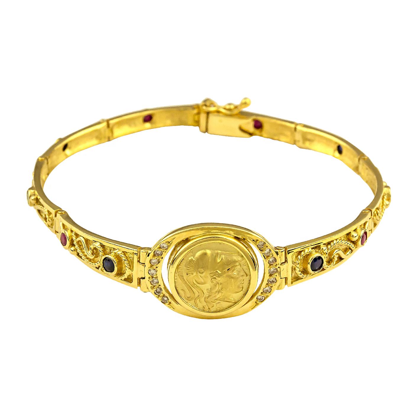 Georgios Collections 18 Karat Goldmünze Diamant-Armband mit Rubinen und Saphiren im Angebot 1