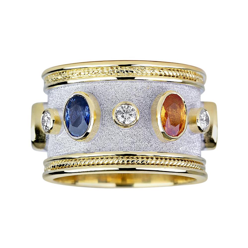 Georgios Collections, zweifarbiger Ring aus 18 Karat Gold mit Diamanten und mehrfarbigen Saphiren