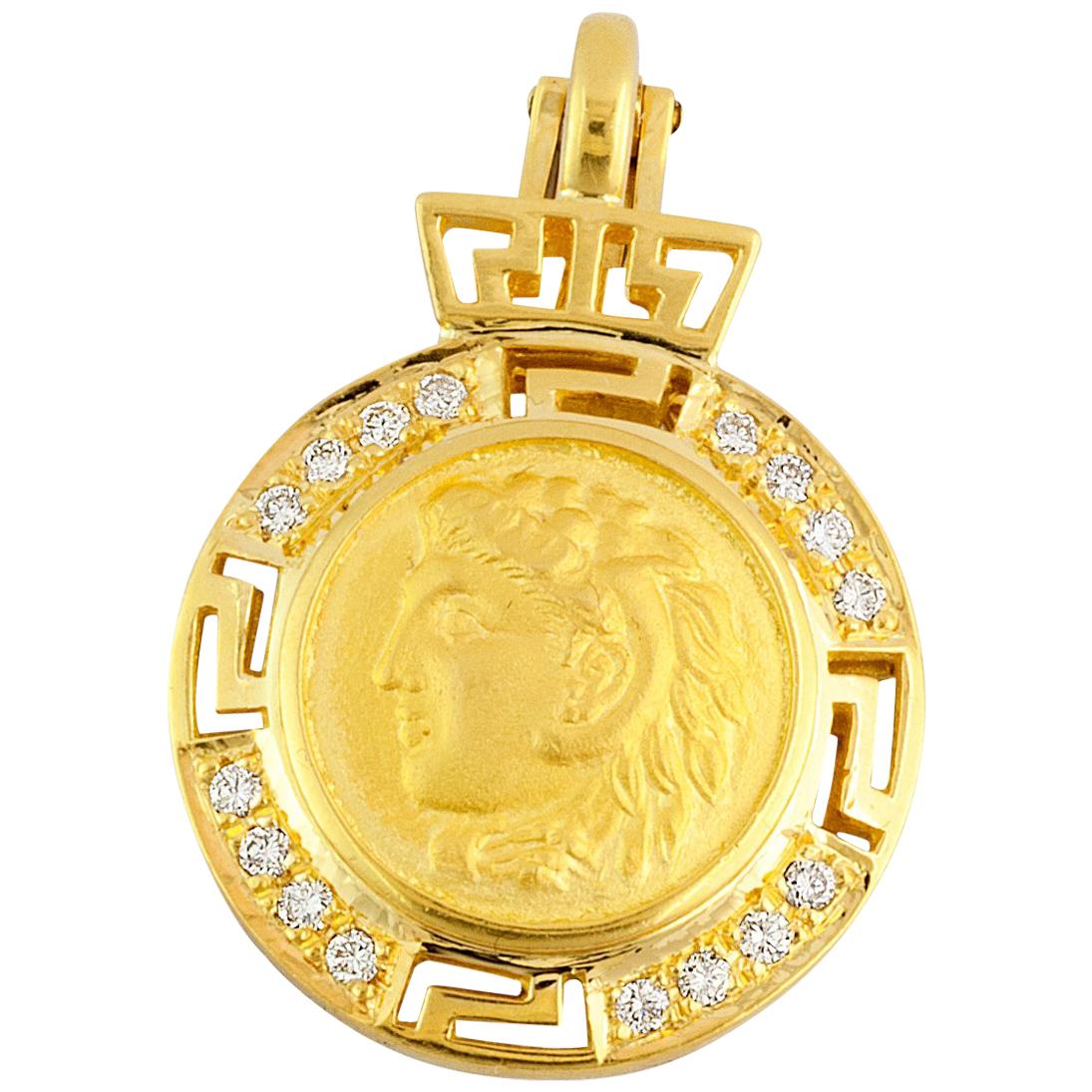 Georgios Collections 18 Karat Gold Diamond Coin Greek Key Pendant of Alexander For Sale 1