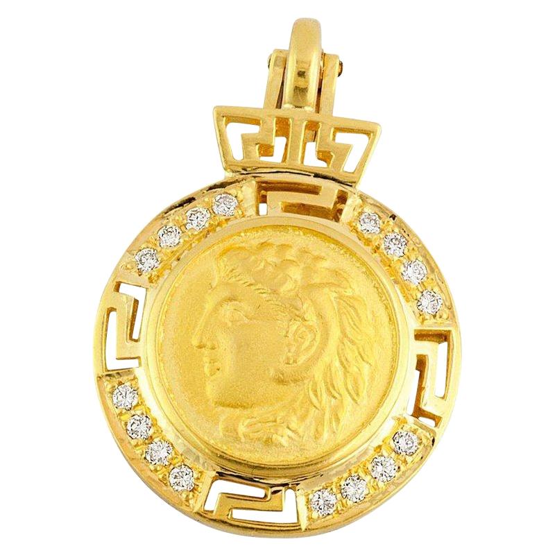 Georgios Collections 18 Karat Gold Diamond Coin Greek Key Pendant of Alexander For Sale