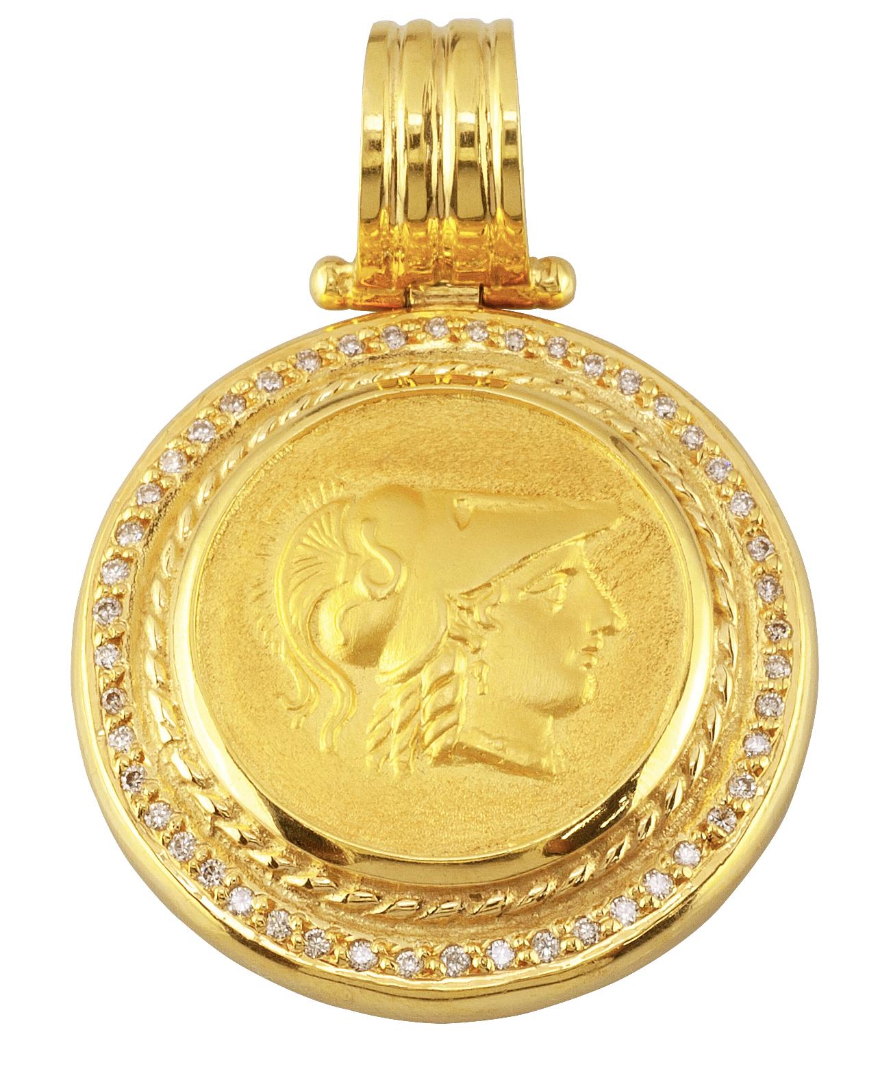 Georgios Collections 18 Karat Gold Diamond Coin Pendant Necklace of Athena For Sale 2
