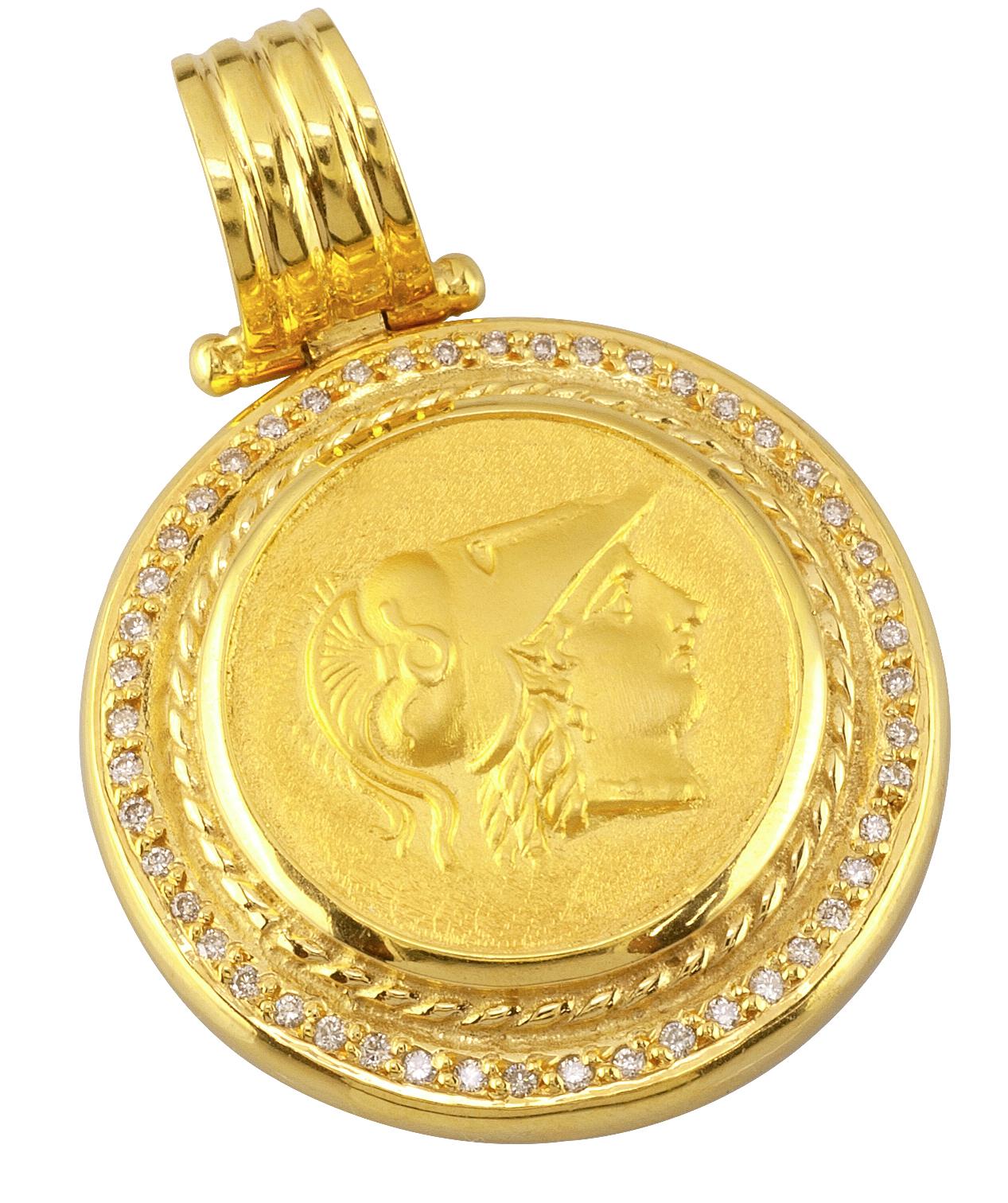 S.Georgios designer solid 18 Karat Yellow Gold diamond Coin Pendant is all made by hand and features a Gold Coin of Athena, the symbol of knowledge, the protector of Athens, and the most known coin in the world. (the coin is an exact copy of the