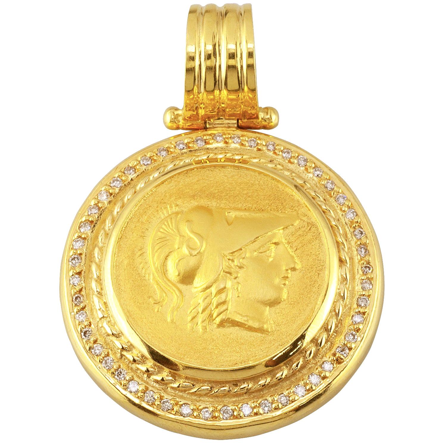 Georgios Collections Collier pendentif pièce de monnaie d'Athènes en or 18 carats et diamants