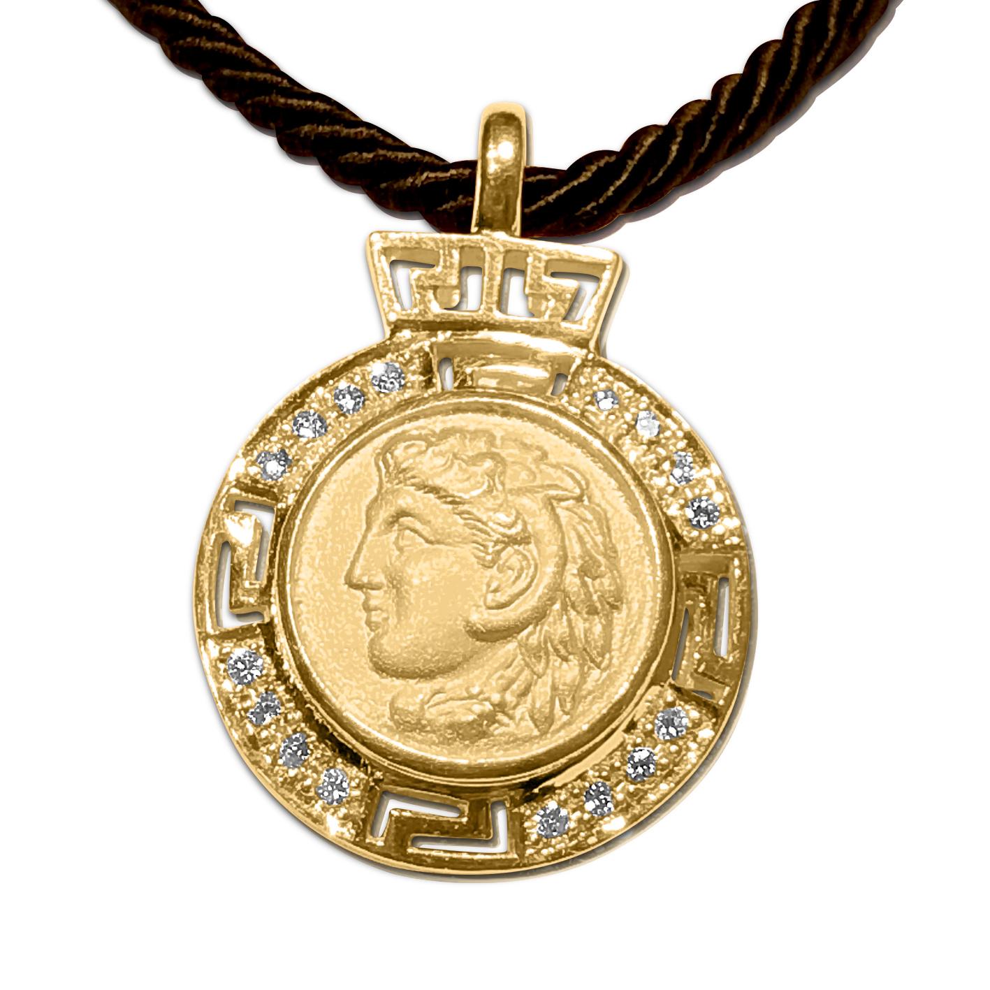 Georgios Collections 18 Karat Gold Diamantmünze-Anhänger von Alexander der Große (Byzantinisch) im Angebot
