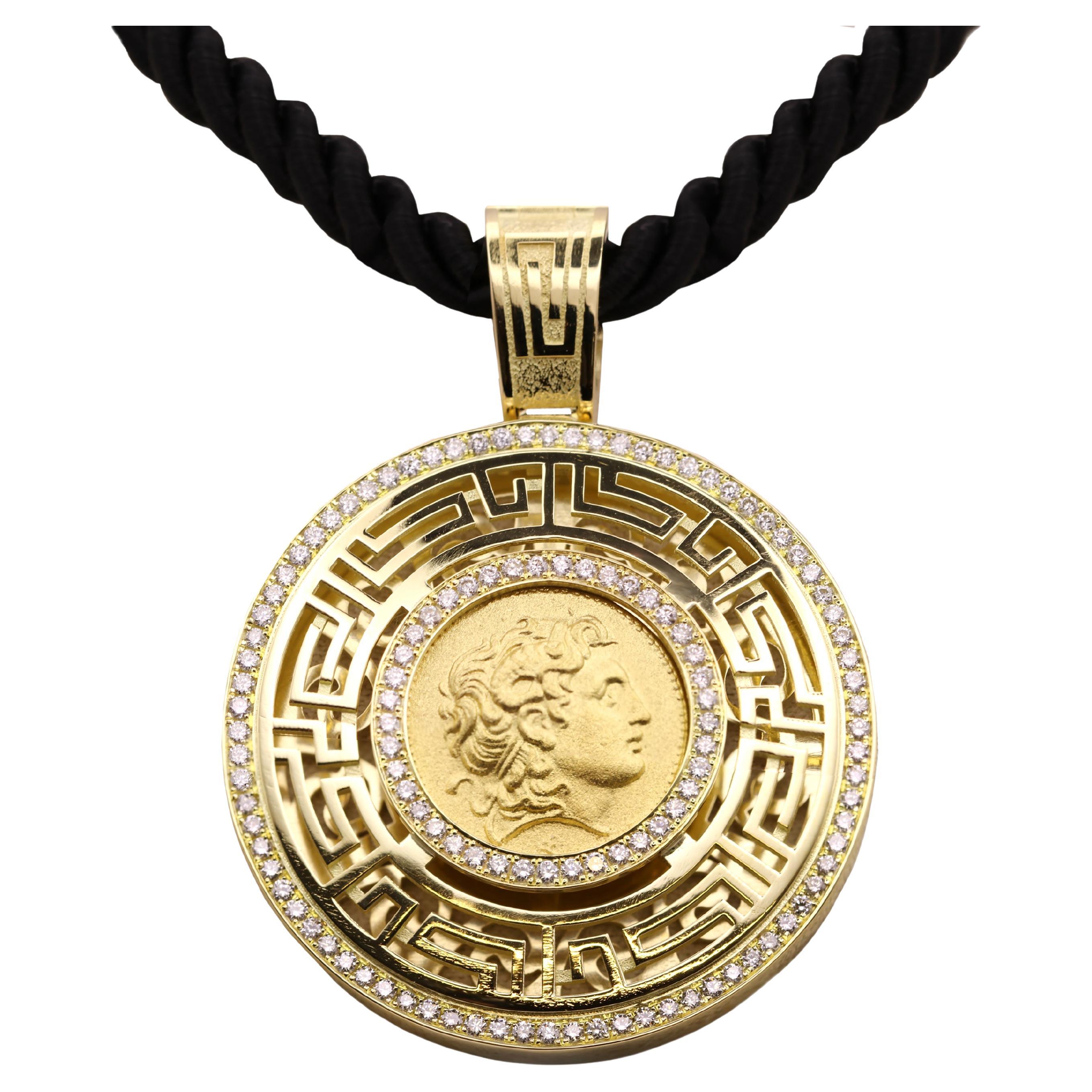 Georgios Collections 18 Karat Gold Diamond Coin Pendant of Alexander with Cord