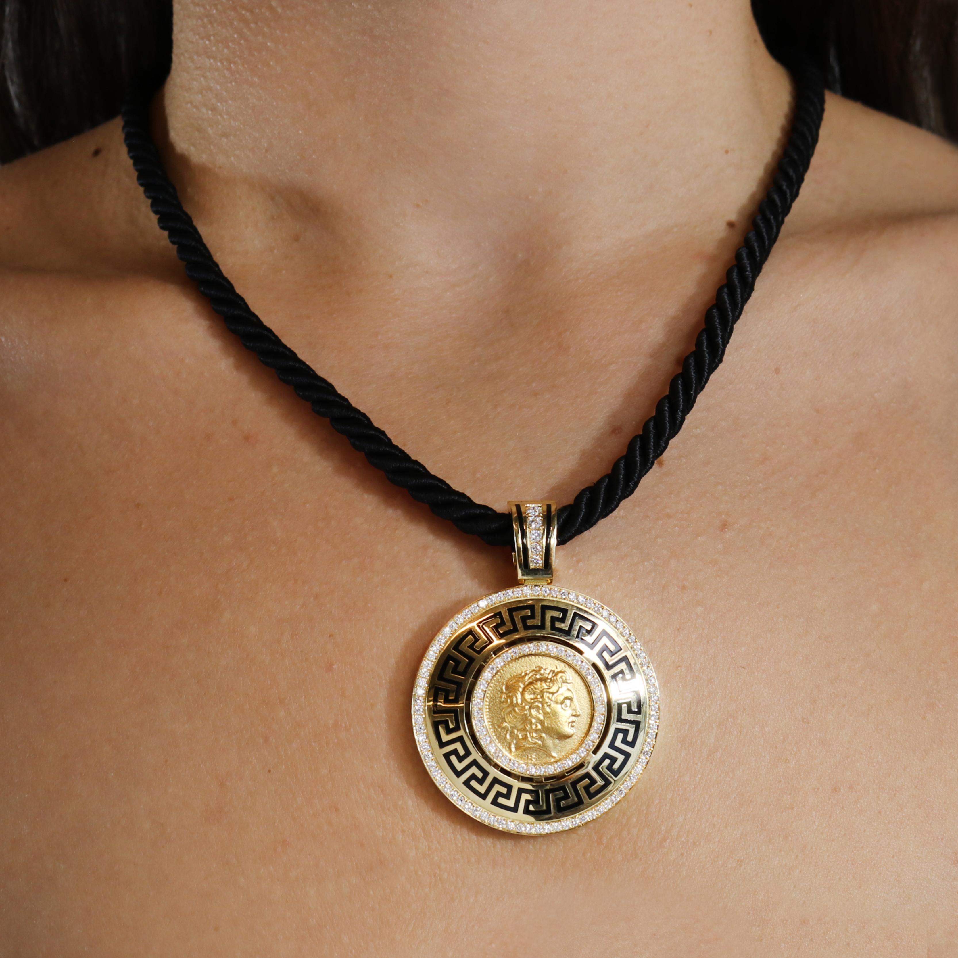 Georgios Collections 18 Karat Gold Diamond Coin Pendant of Alexander with Enamel For Sale 5