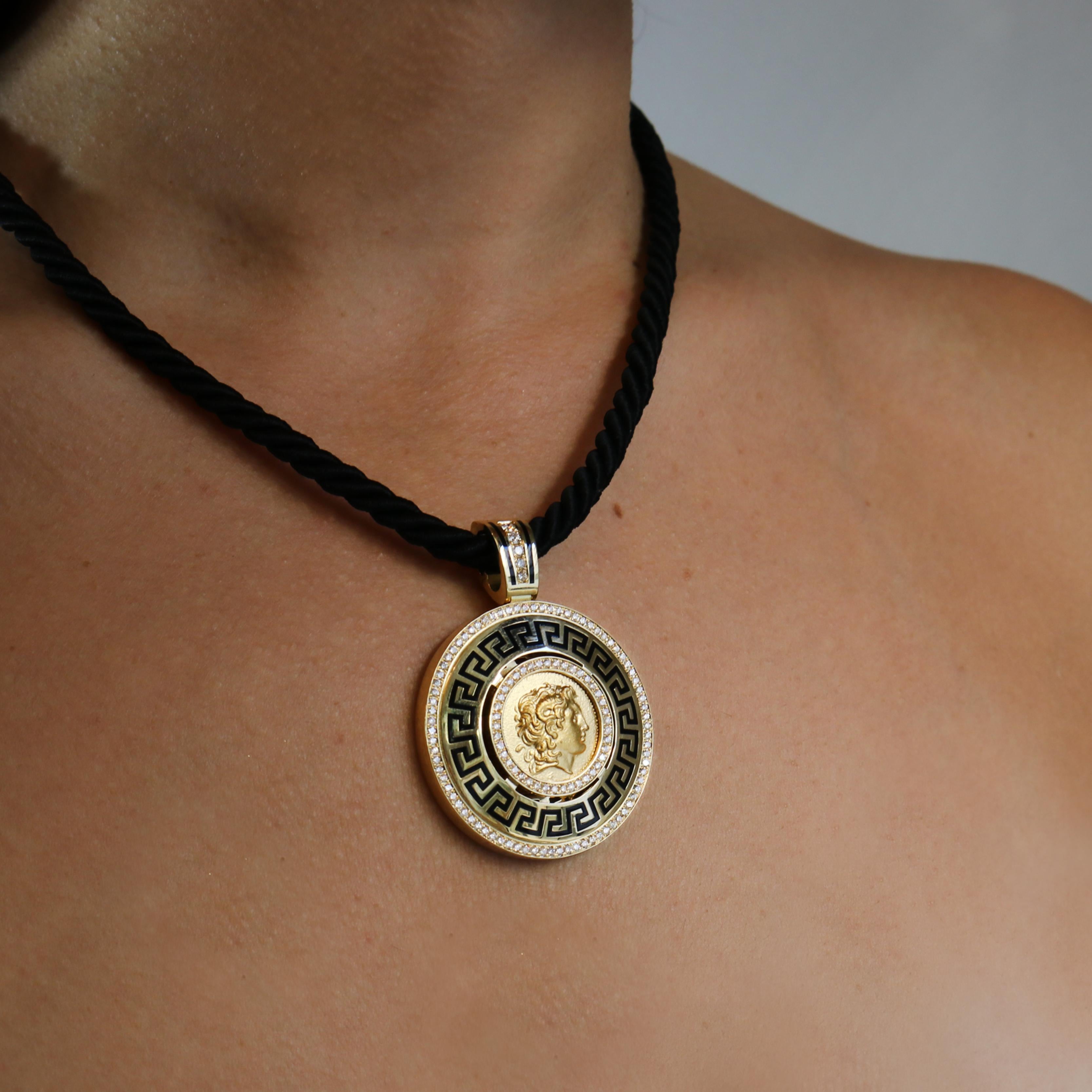 Georgios Collections 18 Karat Gold Diamond Coin Pendant of Alexander with Enamel For Sale 6