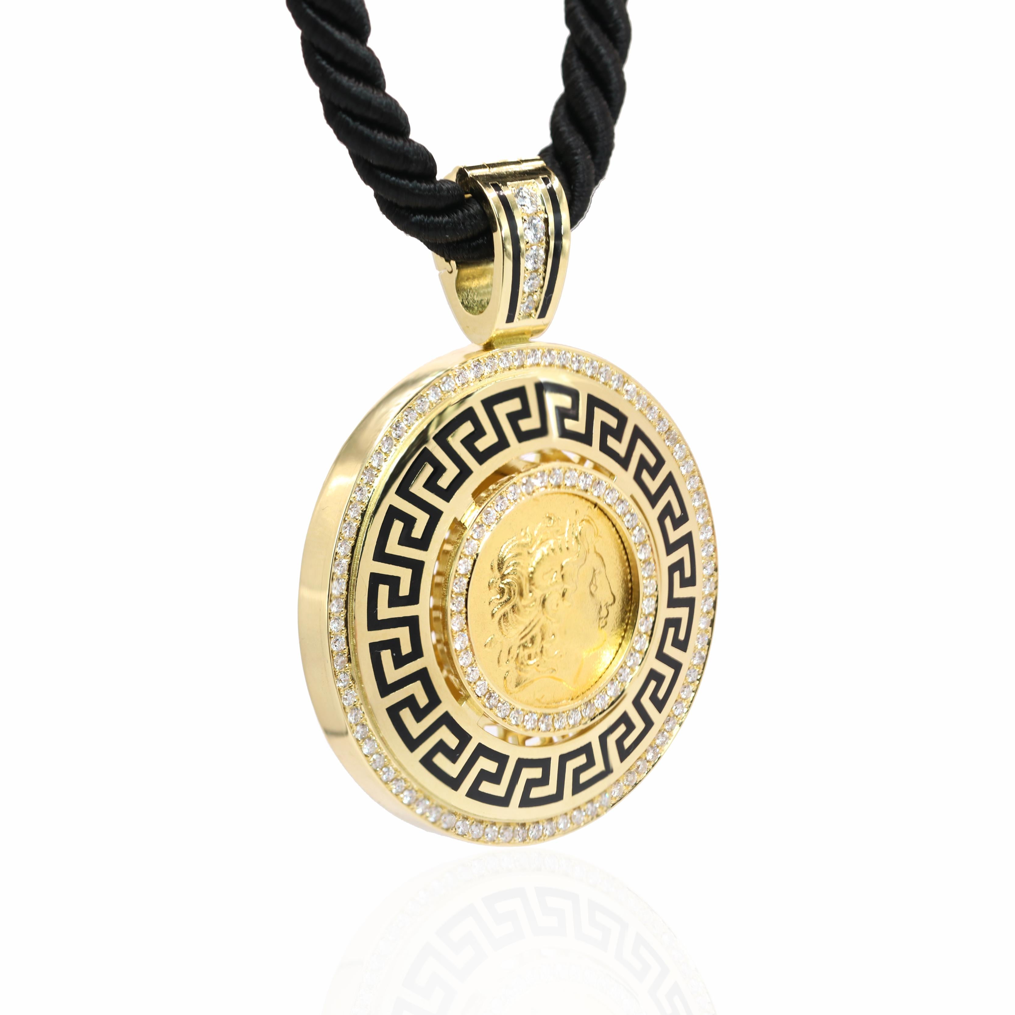 S.Georgios designer pendant is handcrafted from solid 18 Karat Gold, featuring an authentic Byzantine-style coin depicting Alexander the Great at its center. The coin is framed by a striking Greek Key design, symbolizing infinity and eternal flow,