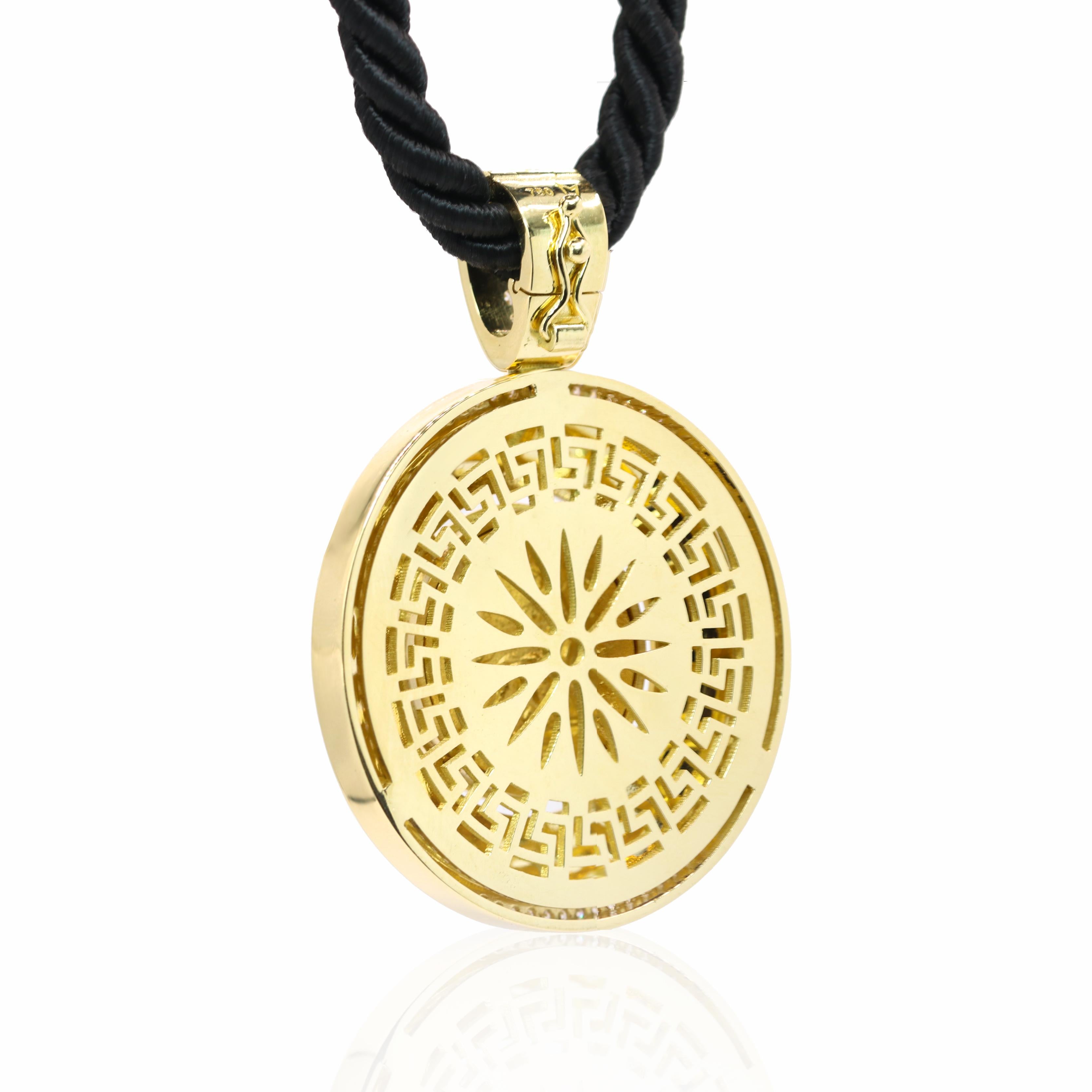 Classical Greek Georgios Collections 18 Karat Gold Diamond Coin Pendant of Alexander with Enamel For Sale
