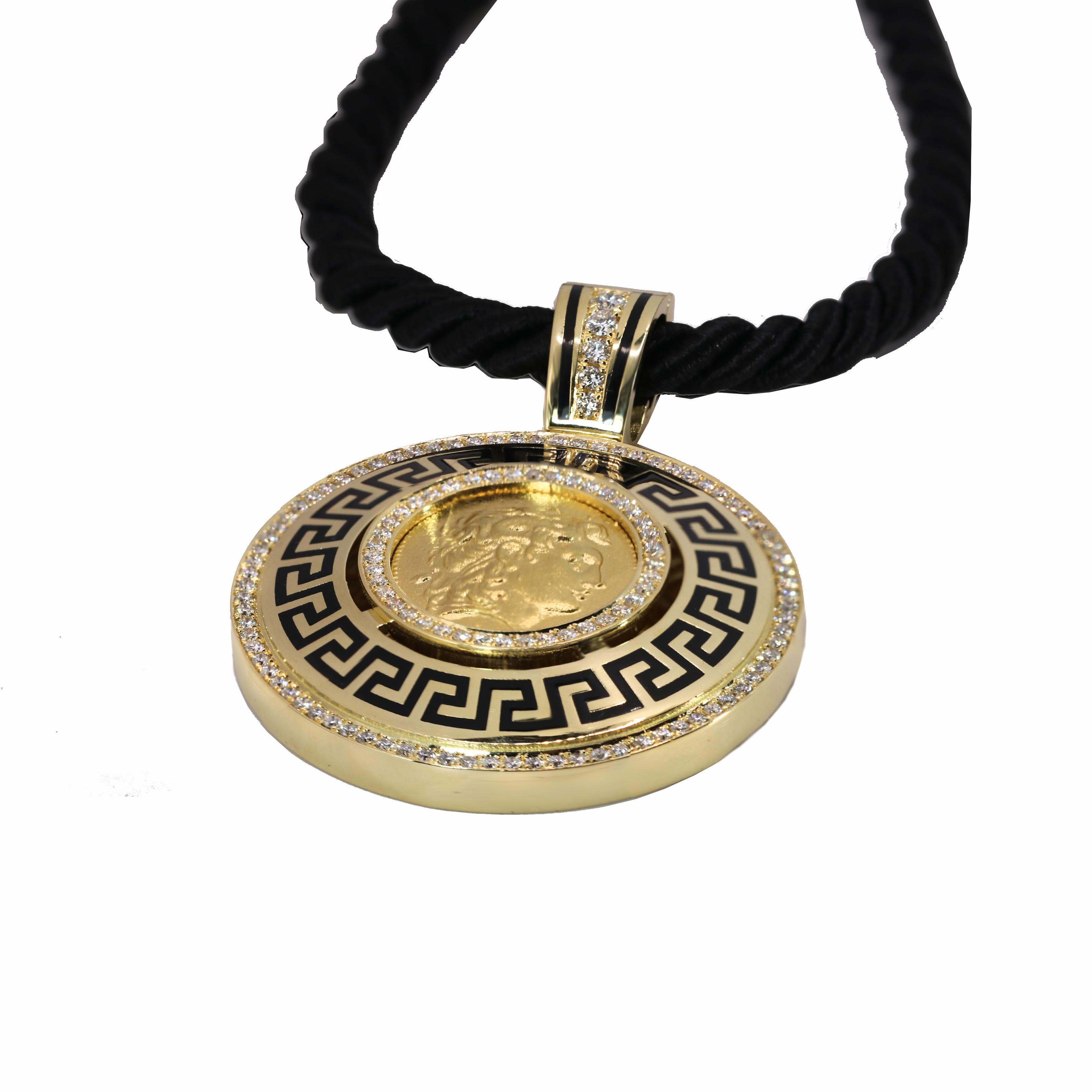 Round Cut Georgios Collections 18 Karat Gold Diamond Coin Pendant of Alexander with Enamel For Sale