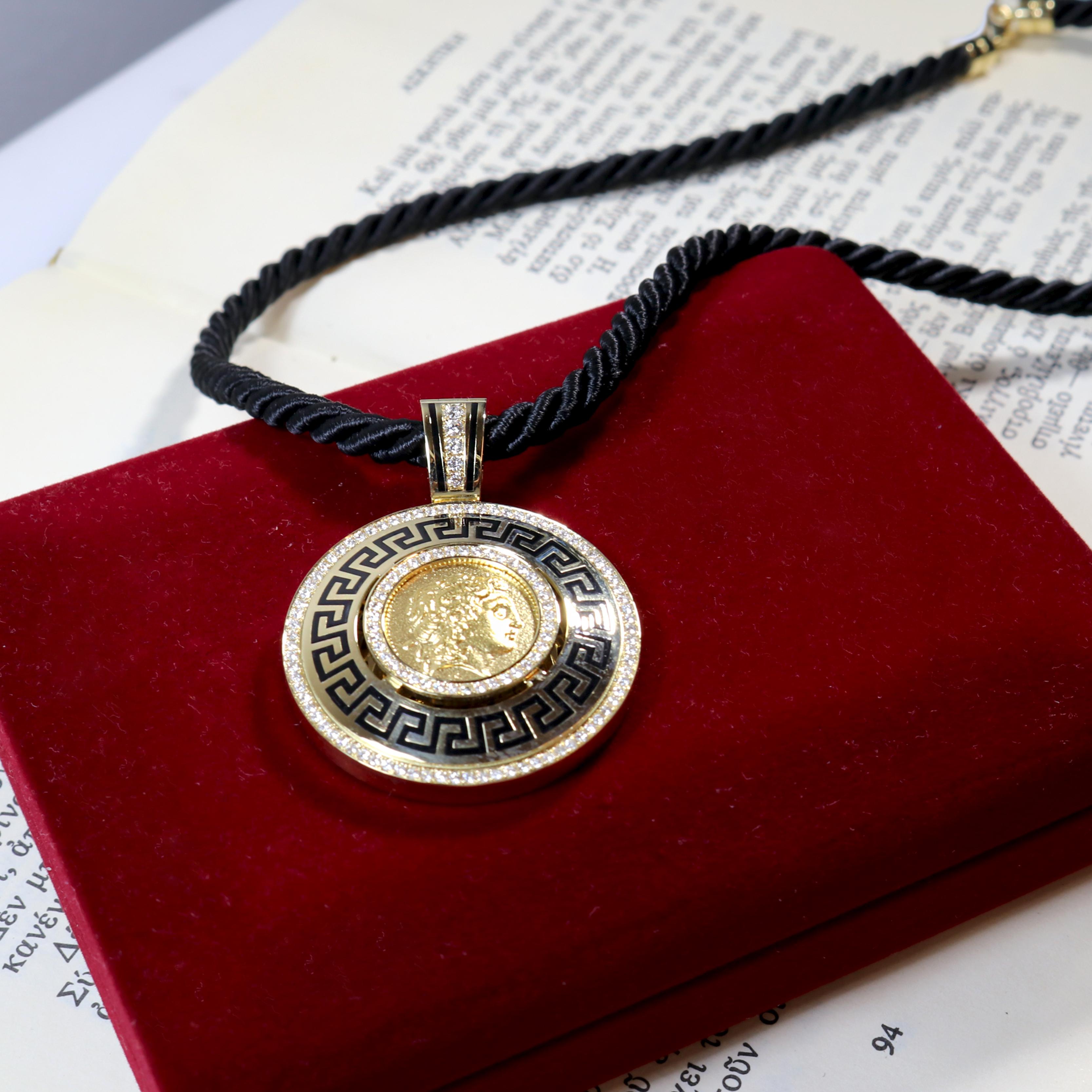 Georgios Collections 18 Karat Gold Diamond Coin Pendant of Alexander with Enamel In New Condition For Sale In Astoria, NY