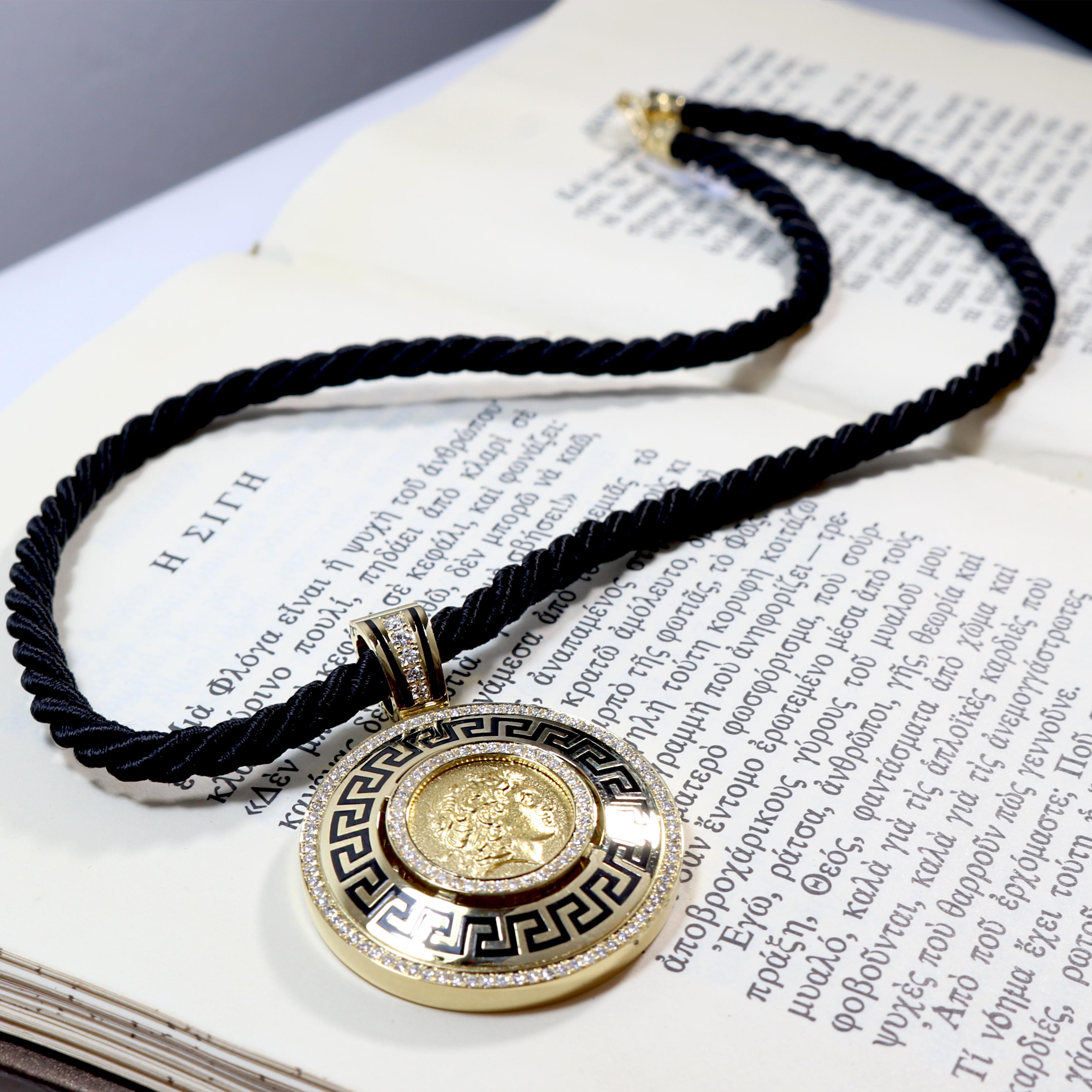 Women's or Men's Georgios Collections 18 Karat Gold Diamond Coin Pendant of Alexander with Enamel For Sale