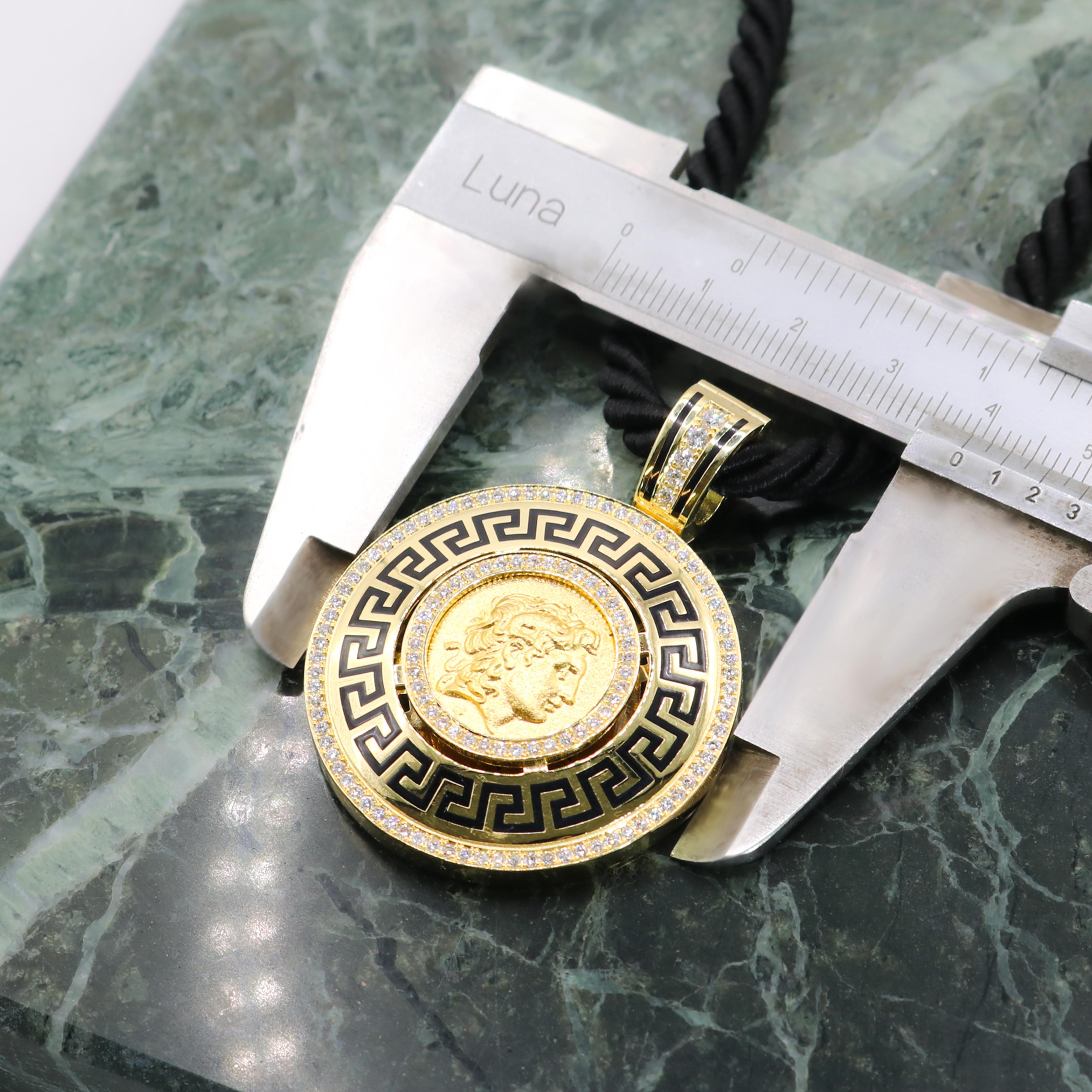 Georgios Collections 18 Karat Gold Diamond Coin Pendant of Alexander with Enamel For Sale 2
