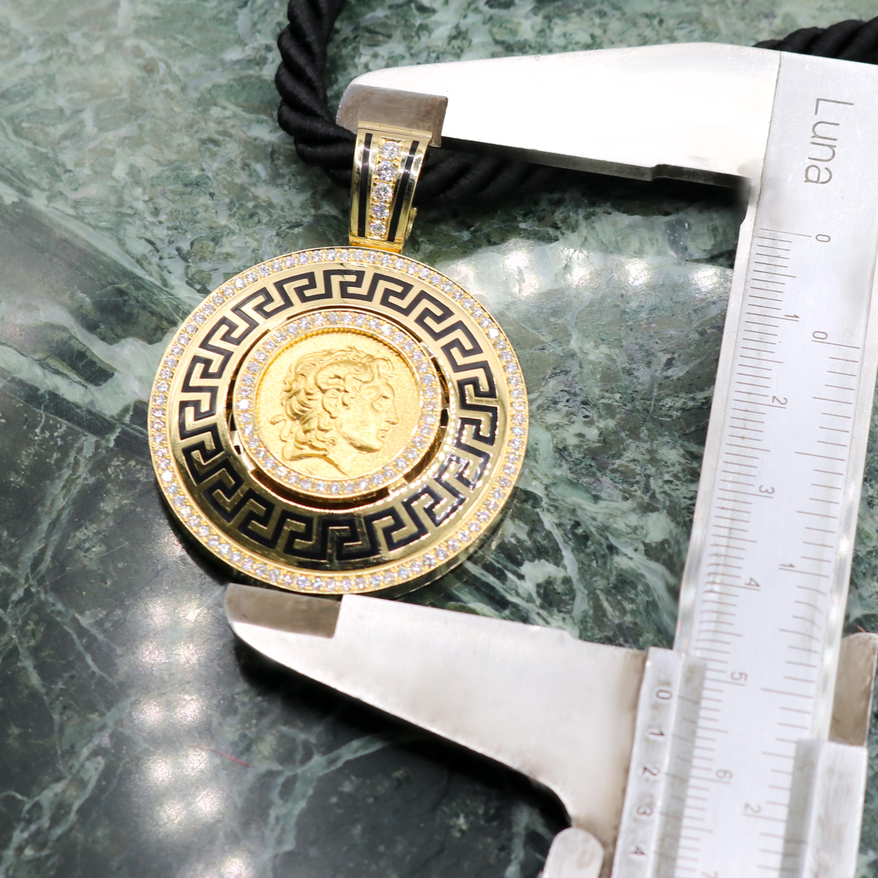 Georgios Collections 18 Karat Gold Diamond Coin Pendant of Alexander with Enamel For Sale 3