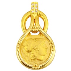 Georgios Collections 18 Karat Gold Diamond Coin Pendant of Goddess Athena