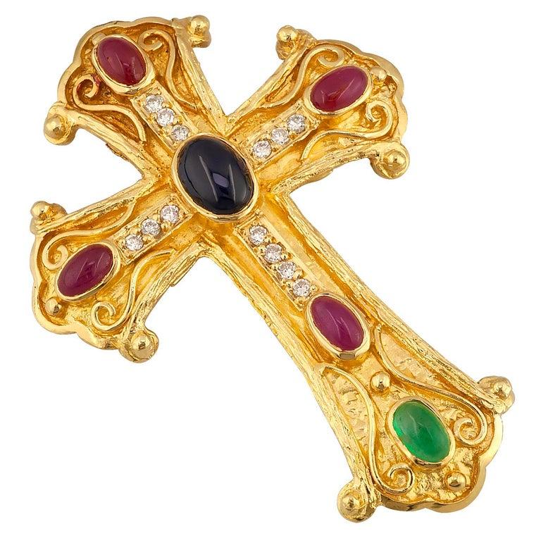 Georgios Collections 18 Karat Gold Diamond Cross with Sapphire, Ruby, Emerald 5