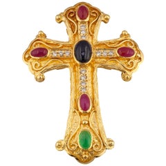 Georgios Collections 18 Karat Gold Diamond Cross with Sapphire, Ruby, Emerald