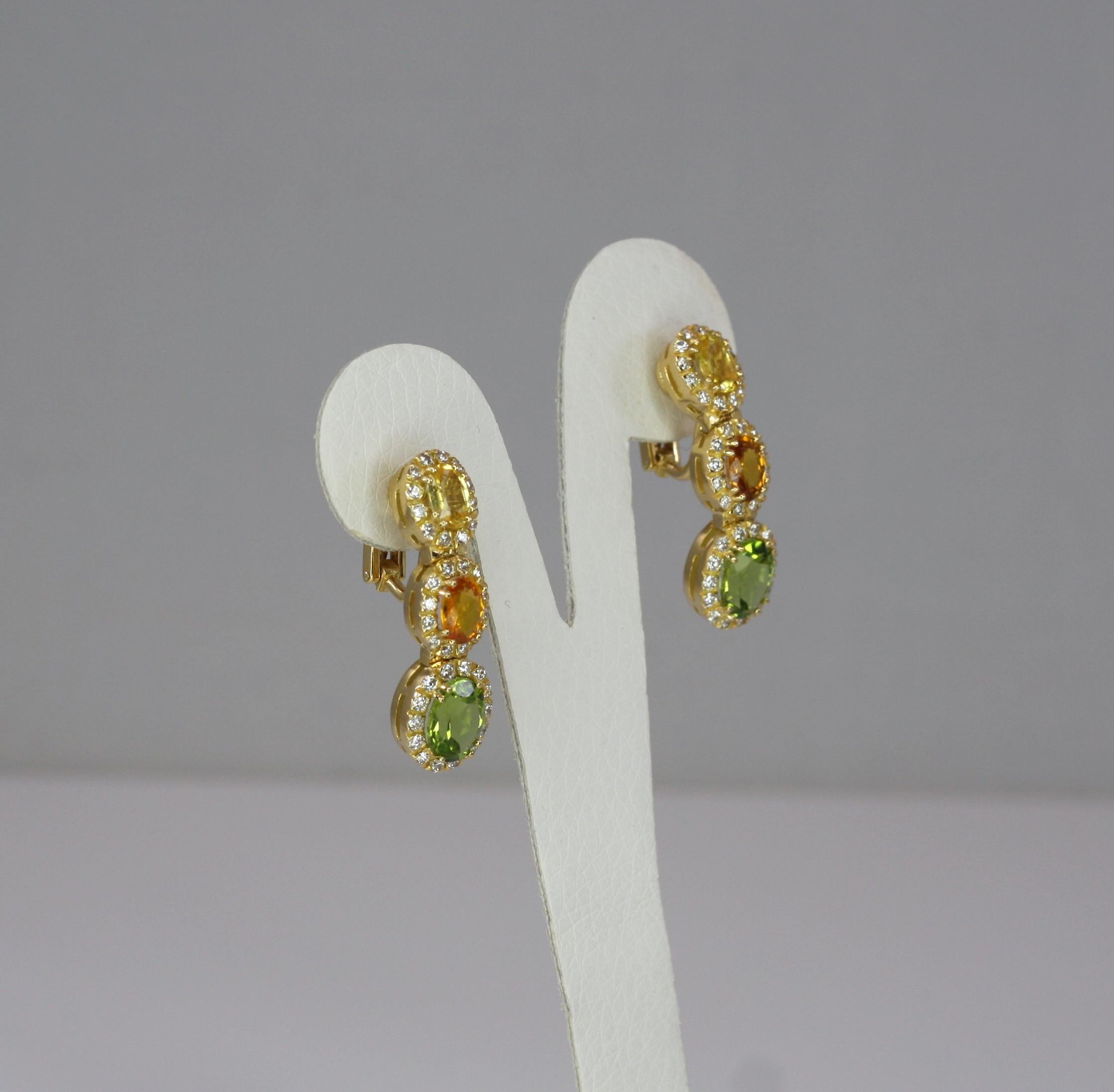 Oval Cut Georgios Collections 18 Karat Gold Diamond Earrings with Sapphire and Peridot For Sale