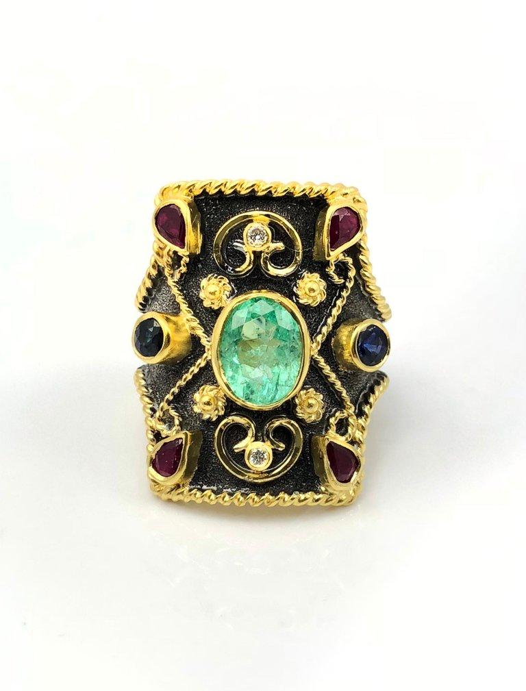 Georgios Collections 18 Karat Gold Rhodium Diamond Emerald Ruby Sapphire Ring In New Condition For Sale In Astoria, NY