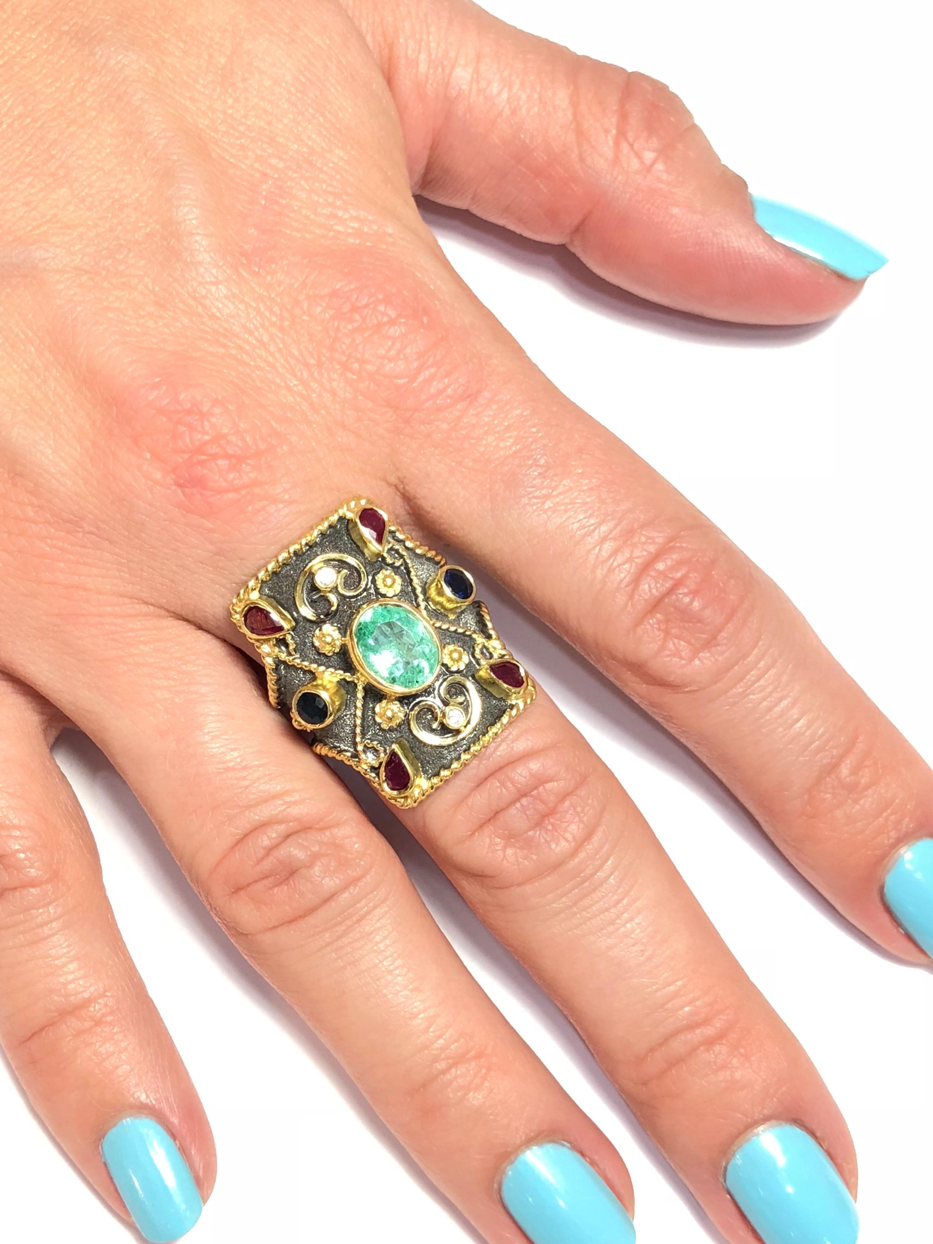 Byzantine Georgios Collections 18 Karat Gold Rhodium Diamond Emerald Ruby Sapphire Ring For Sale