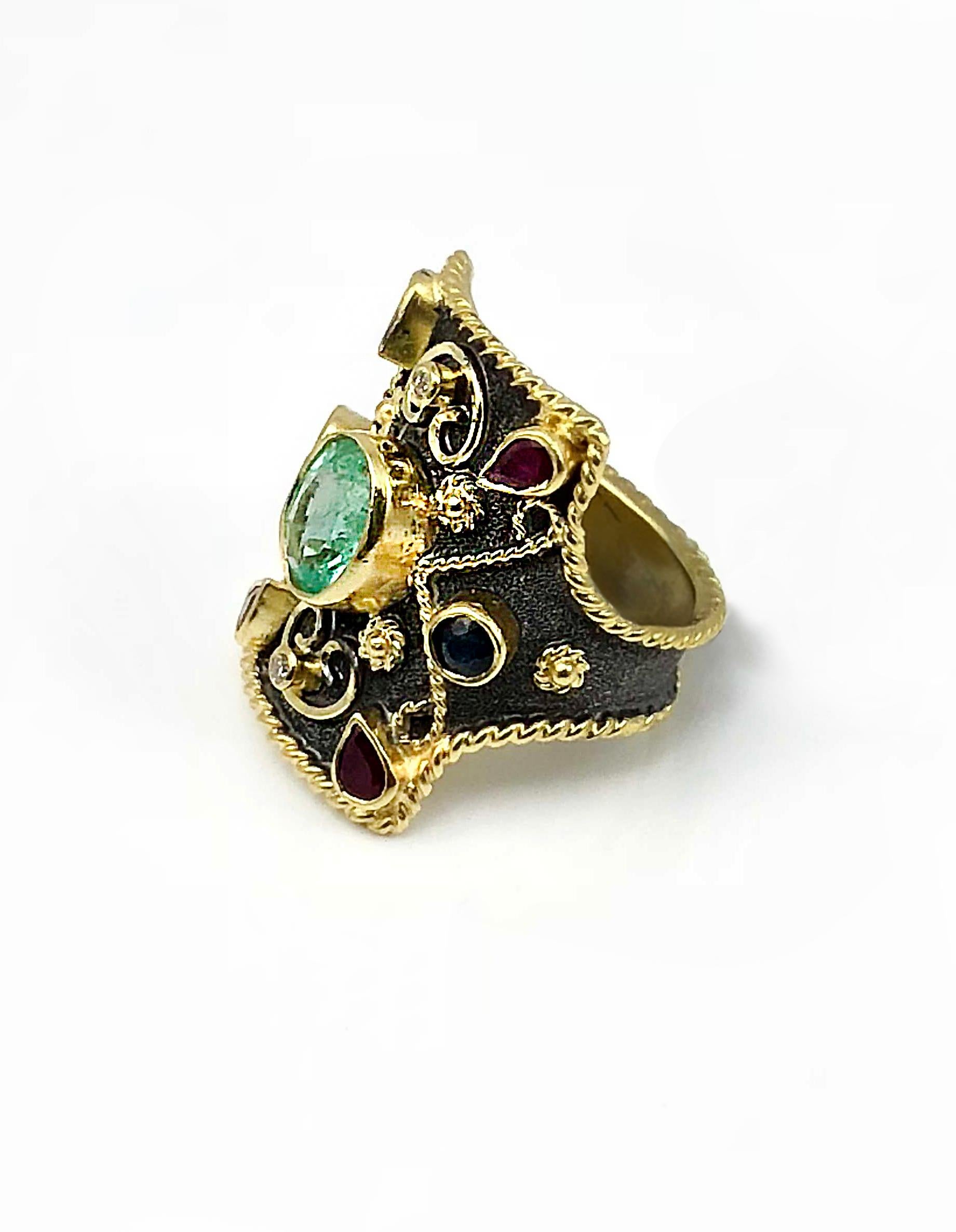 Georgios Kollektionen 18 Karat Gold Rhodium Diamant Smaragd Rubin Saphir Ring (Byzantinisch) im Angebot