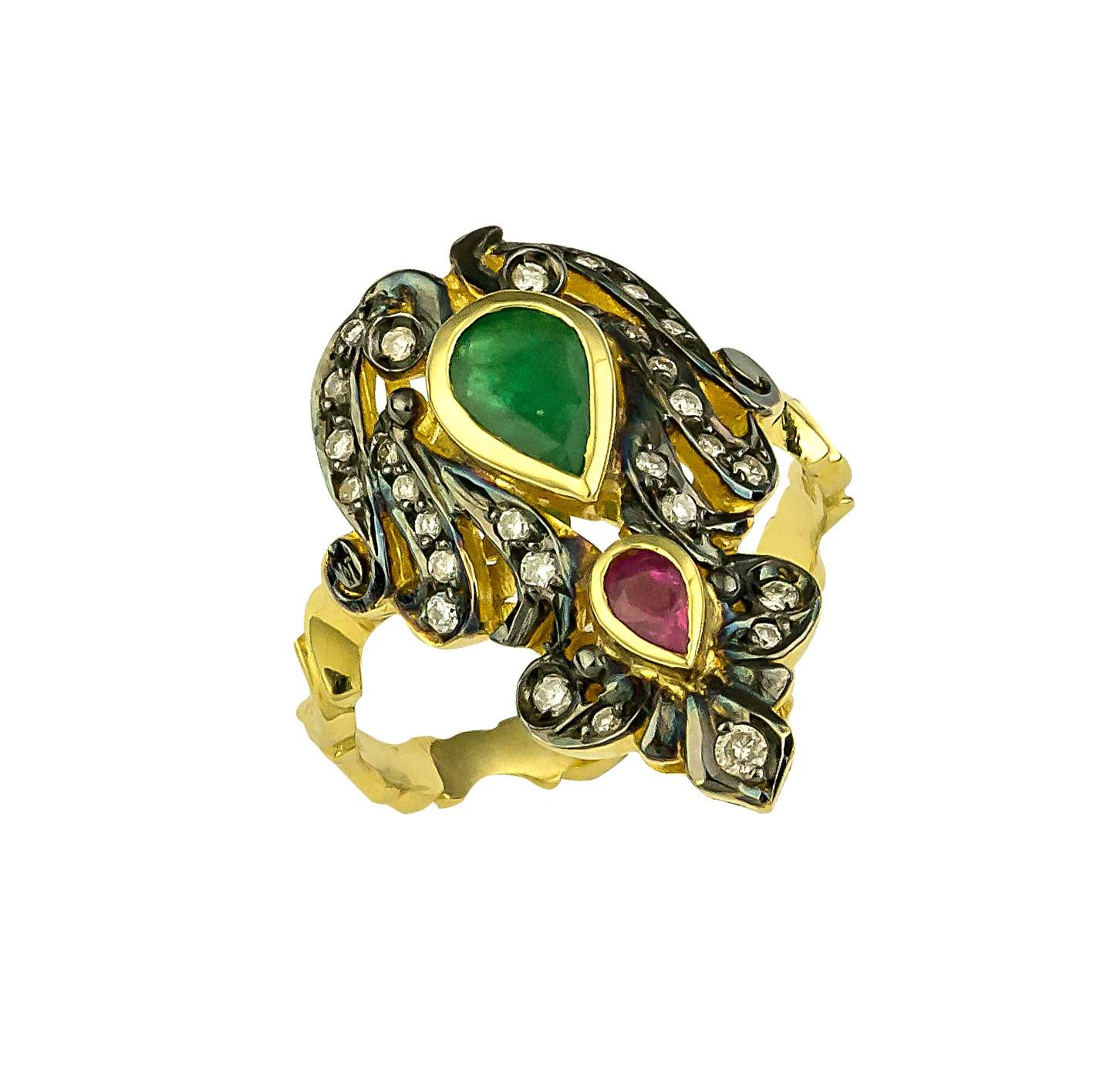 Byzantine Georgios Collections 18 Karat Gold Diamond Emerald Ruby Ring with Black Rhodium For Sale