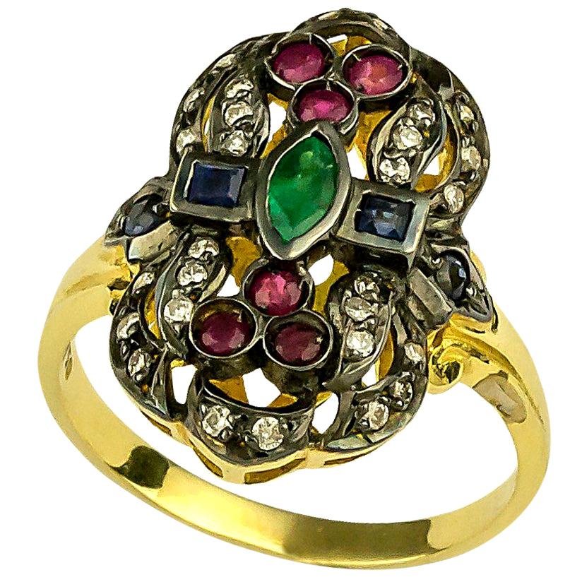 Georgios Kollektionen 18 Karat Gold Diamant Smaragd Rubin Langer Pascha Multi Ring
