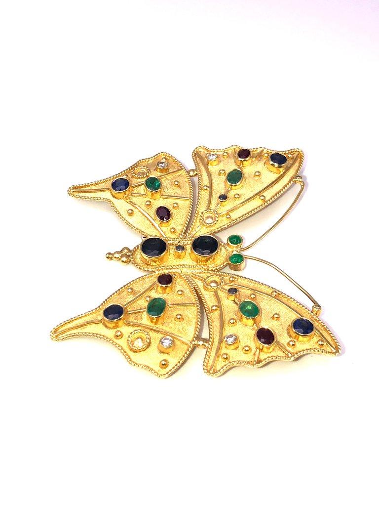 S.Georgios designer Unique Butterfly Pendant - Brooch is handmade in 18 Karat Yellow Gold all custom-made. This gorgeous jewel is microscopically decorated with granulation - yellow gold beads and wires. Granulated details contrast with a byzantine