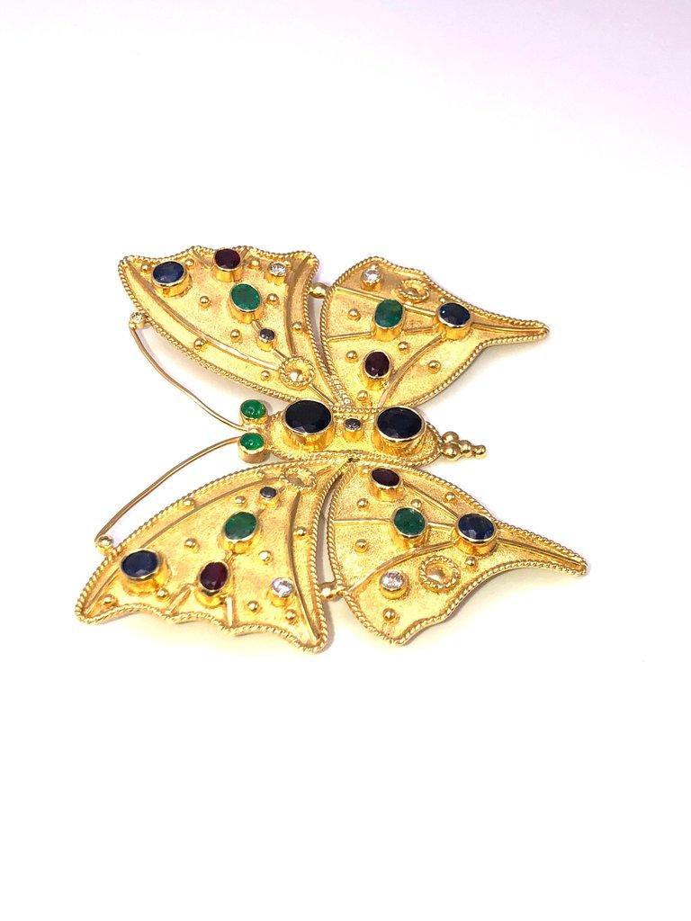 Byzantine Georgios Collections 18 Karat Gold Diamond Emerald Sapphire Butterfly Brooch  For Sale