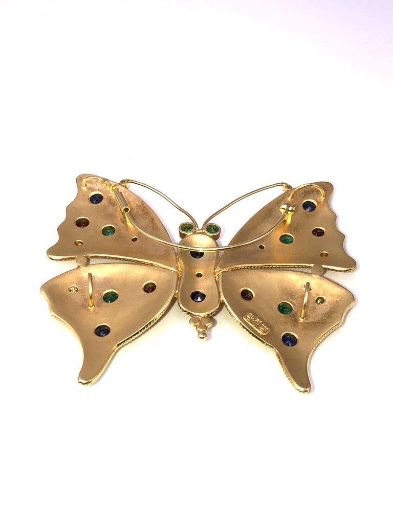 Oval Cut Georgios Collections 18 Karat Gold Diamond Emerald Sapphire Butterfly Brooch  For Sale