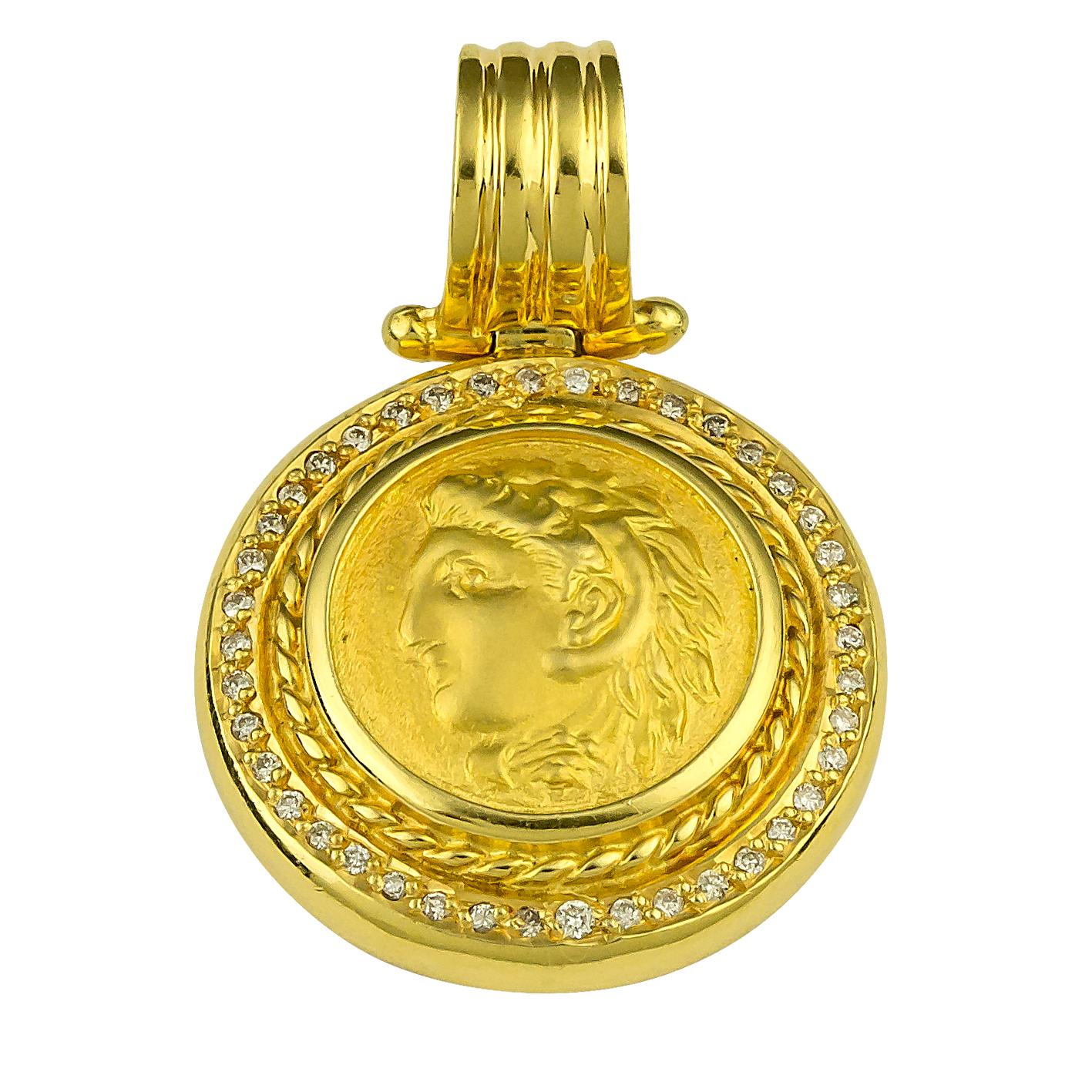 Georgios Collections 18 Karat Gold Diamond Greek Key Athena Coin Pendant Enhance For Sale 4