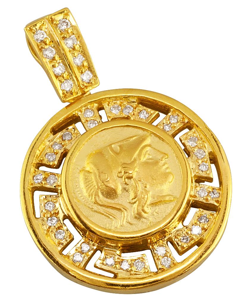 This S.Georgios designer 18 Karat Yellow Gold Diamond Coin Pendant with the Greek Key is all made by hand and features a solid Gold Coin of Athena the symbol of wisdom, protector of Athens Greece, and the Symbol of Strength (the coin is an exact