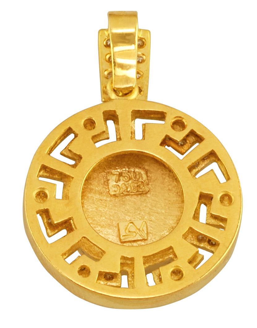 Round Cut Georgios Collections 18 Karat Gold Diamond Greek Key Athena Coin Pendant Enhance For Sale