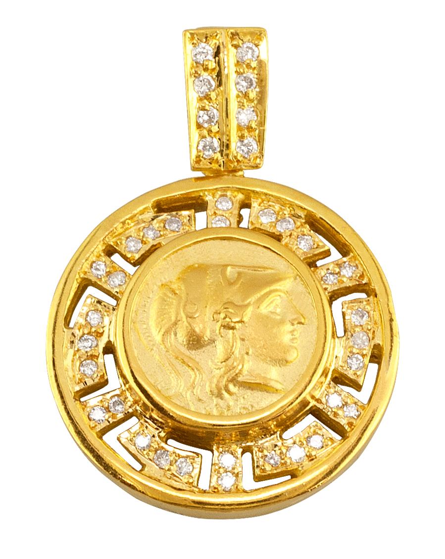 Georgios Collections 18 Karat Gold Diamond Greek Key Athena Coin Pendant Enhance In New Condition For Sale In Astoria, NY