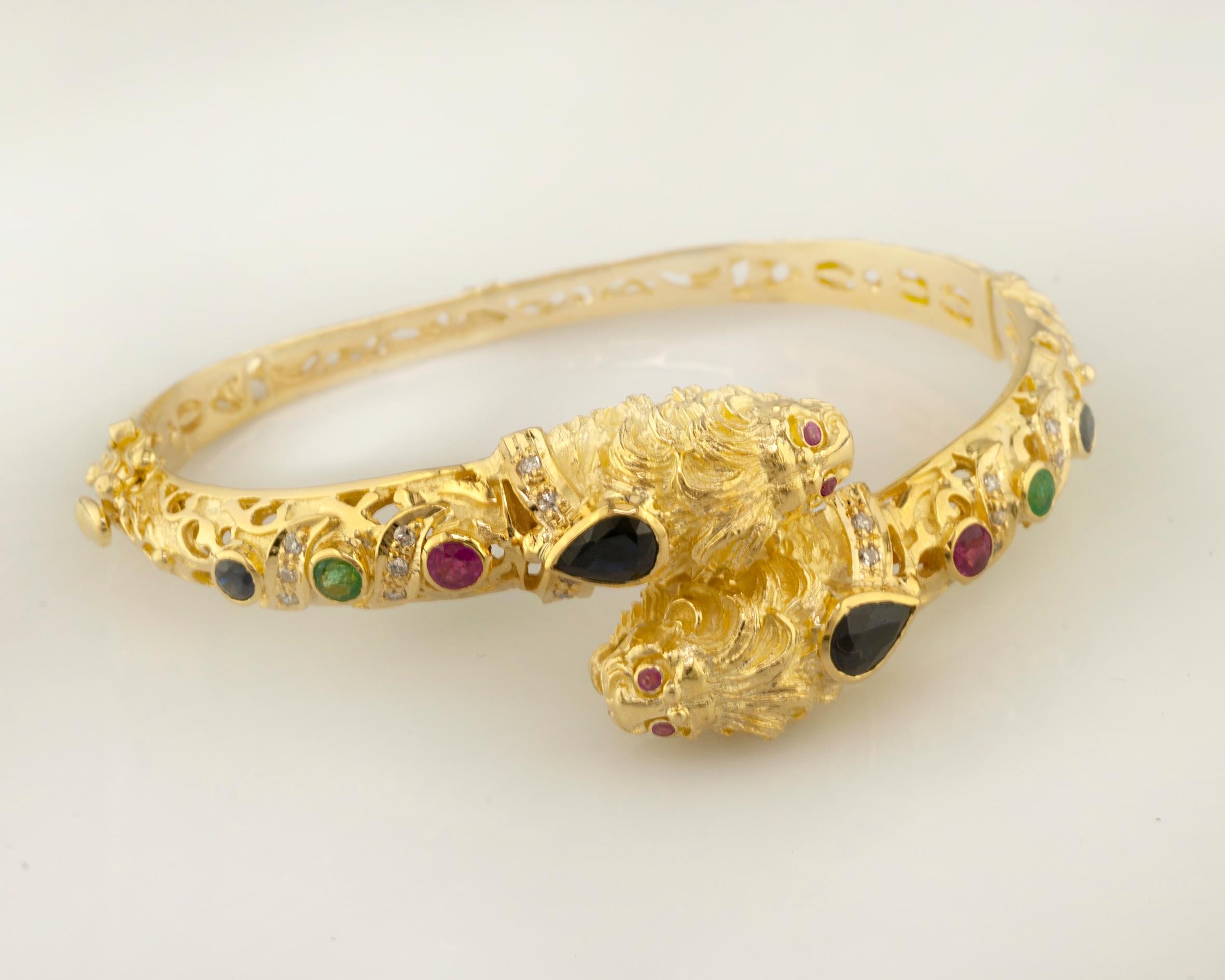 Georgios Collections 18 Karat Gold Diamond Multi-Color Lion Head Bangle Bracelet For Sale 3