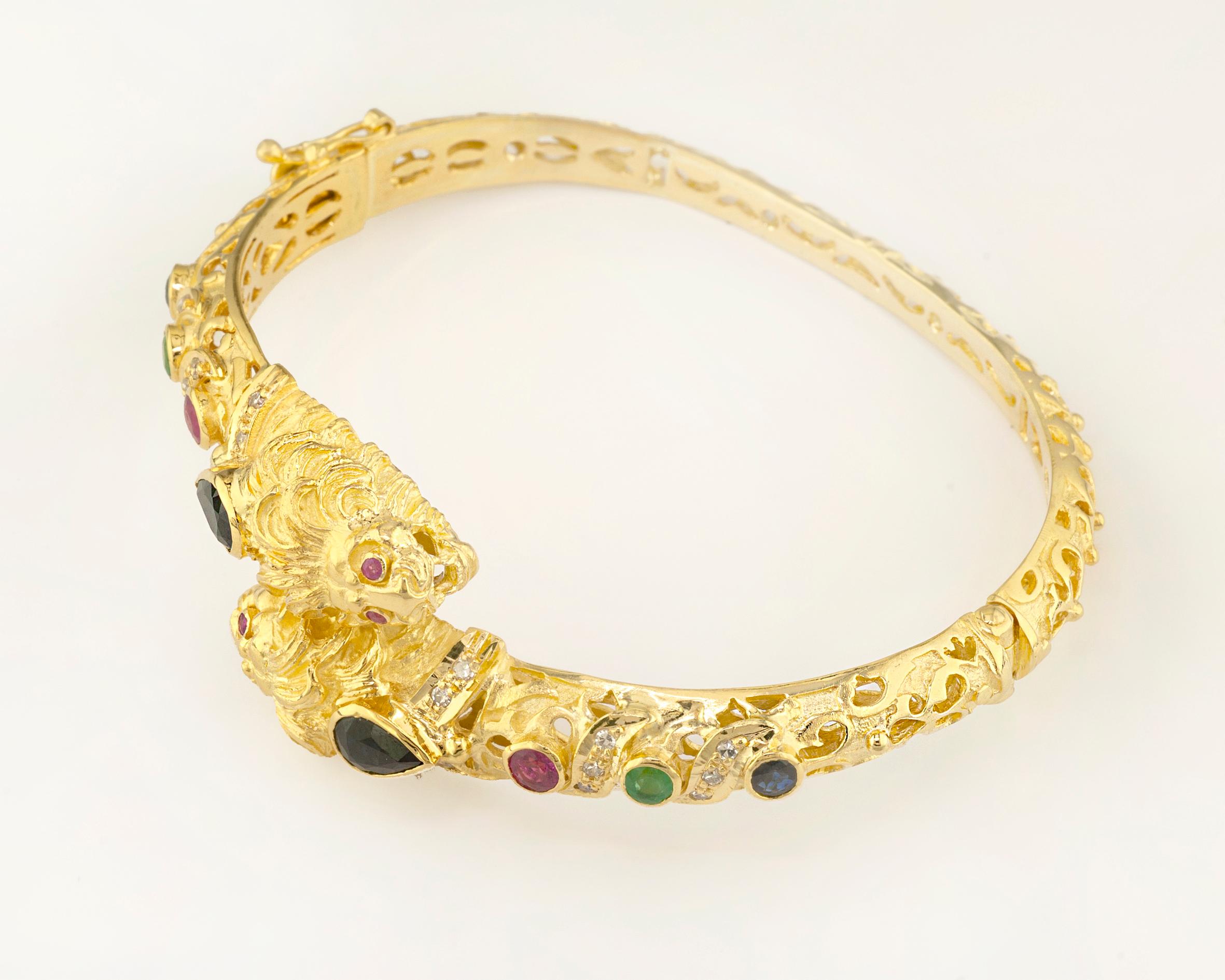 Georgios Collections 18 Karat Gold Diamond Multi-Color Lion Head Bangle Bracelet For Sale 4