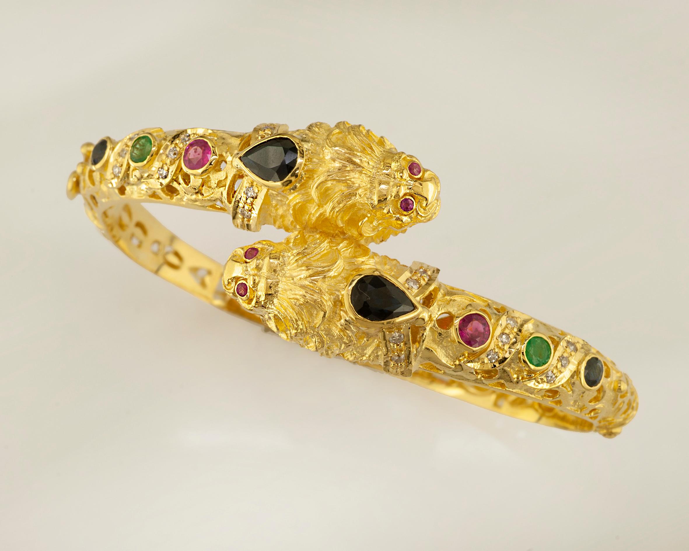Georgios Collections 18 Karat Gold Diamond Multi-Color Lion Head Bangle Bracelet For Sale 5