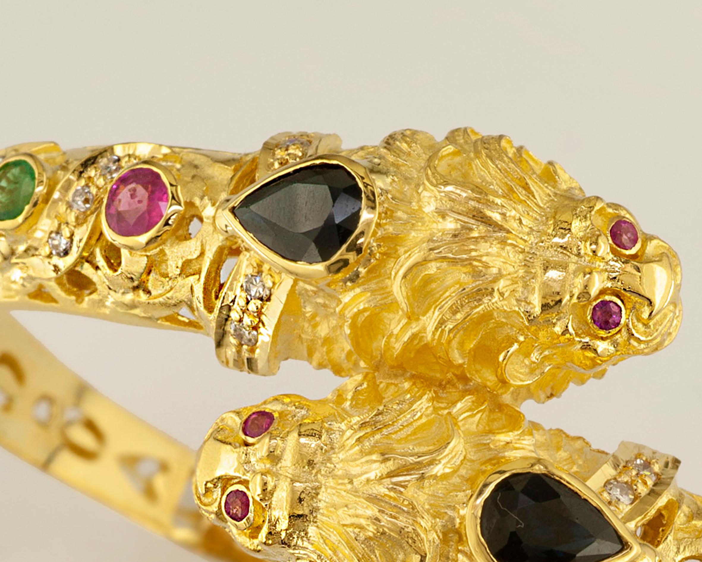 Byzantin Georgios Collections Bracelet jonc tête de lion multicolore en or 18 carats et diamants en vente