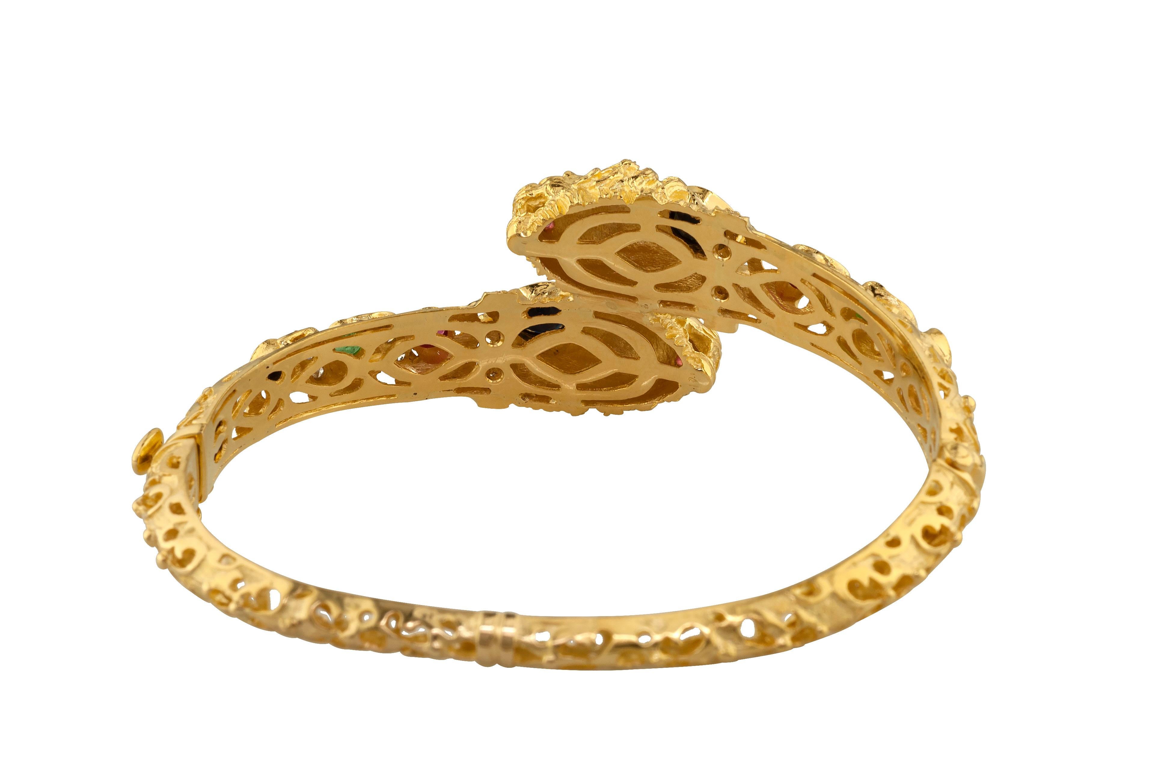 Pear Cut Georgios Collections 18 Karat Gold Diamond Multi-Color Lion Head Bangle Bracelet For Sale