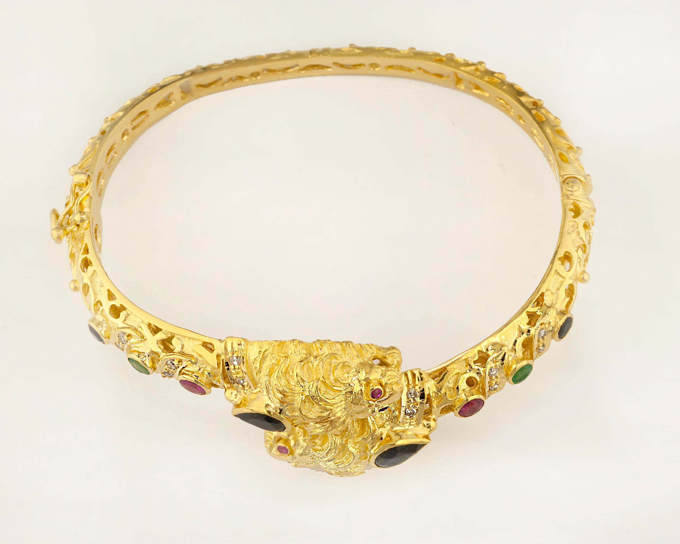 Georgios Collections 18 Karat Gold Diamond Multi-Color Lion Head Bangle Bracelet In New Condition For Sale In Astoria, NY