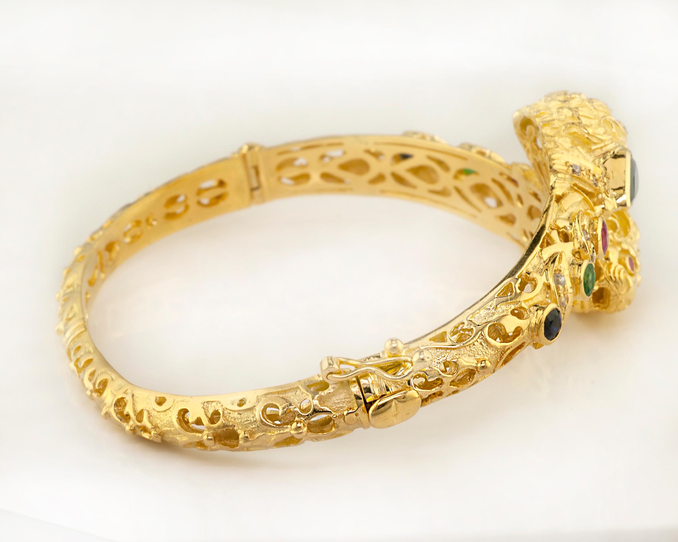 Women's Georgios Collections 18 Karat Gold Diamond Multi-Color Lion Head Bangle Bracelet For Sale