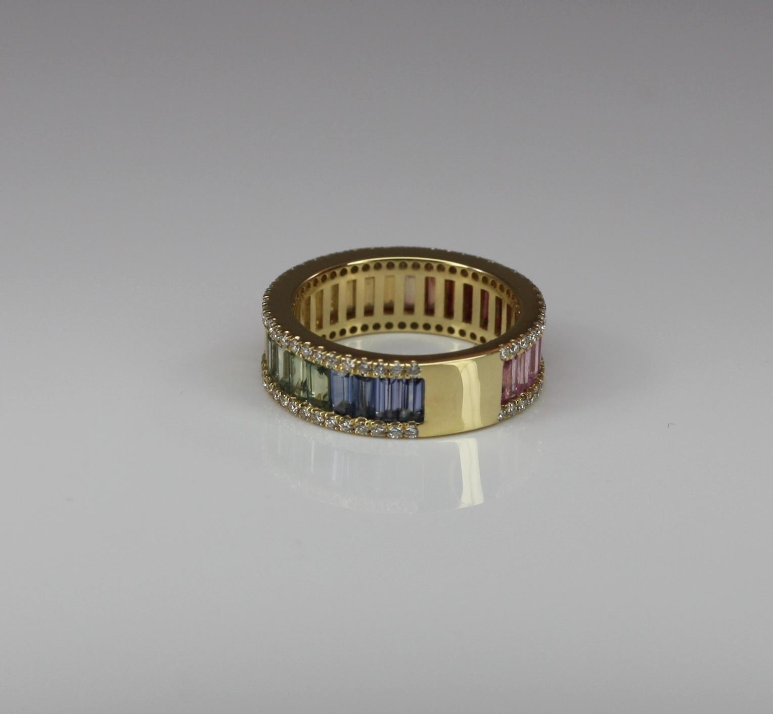 Georgios Collections 18 Karat Gold Diamond Rainbow Multi Sapphire Band Ring For Sale 3