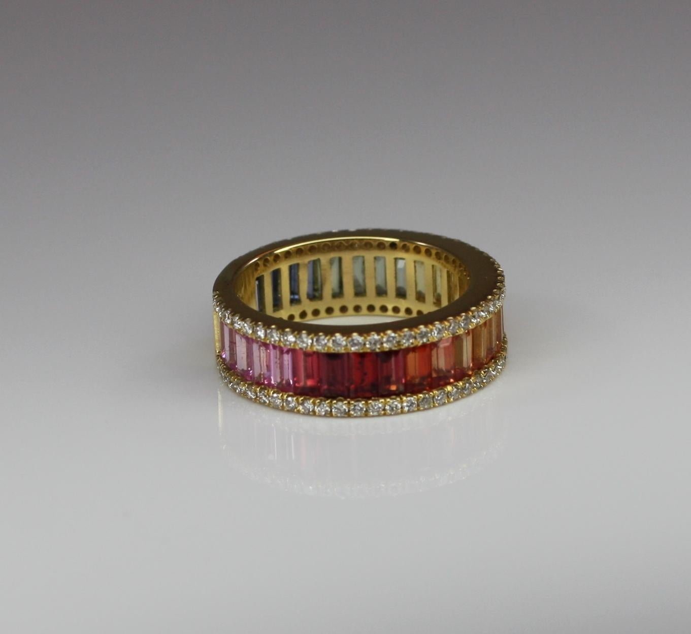 Baguette Cut Georgios Collections 18 Karat Gold Diamond Rainbow Multi Sapphire Band Ring For Sale
