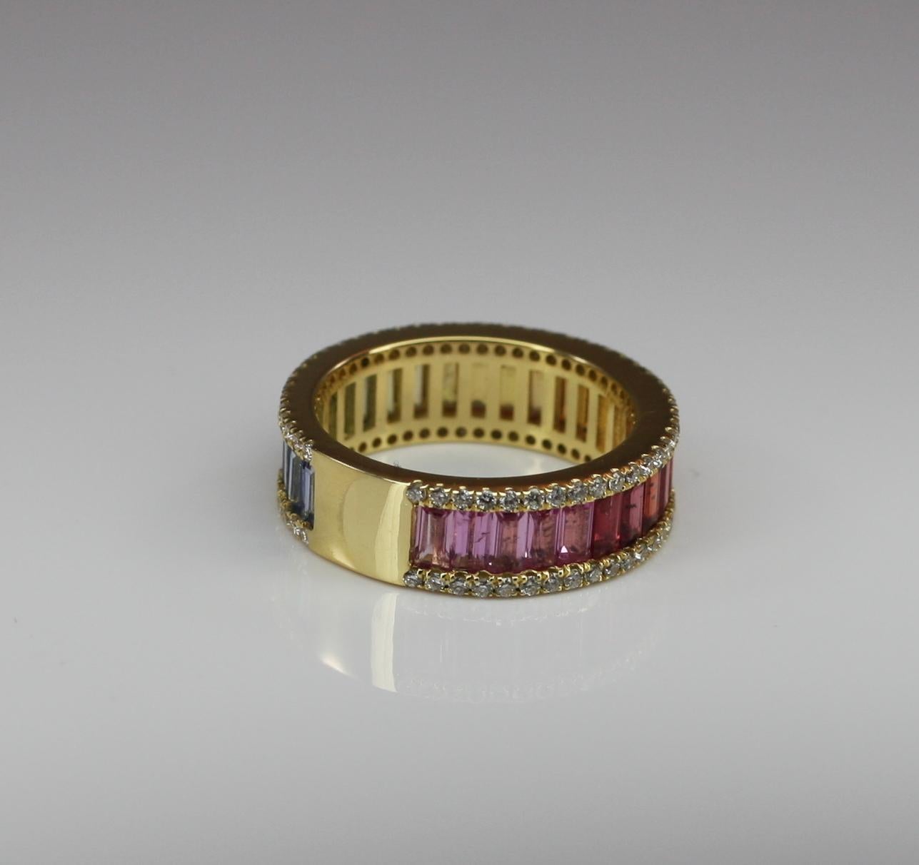 Women's or Men's Georgios Collections 18 Karat Gold Diamond Rainbow Multi Sapphire Band Ring For Sale
