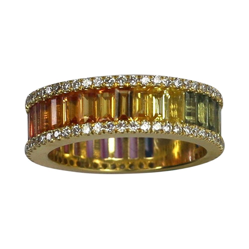 Georgios Collections 18 Karat Gold Diamond Rainbow Multi Sapphire Band Ring For Sale