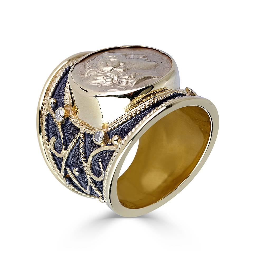 One of a kind S.Georgios designer 18 Karat Solid Yellow Gold Ring all microscopically decorated with Byzantine granulation work and a unique velvet on the background and Black Rhodium finish. The ring features a solid 18 Karat Gold Coin of Alexander